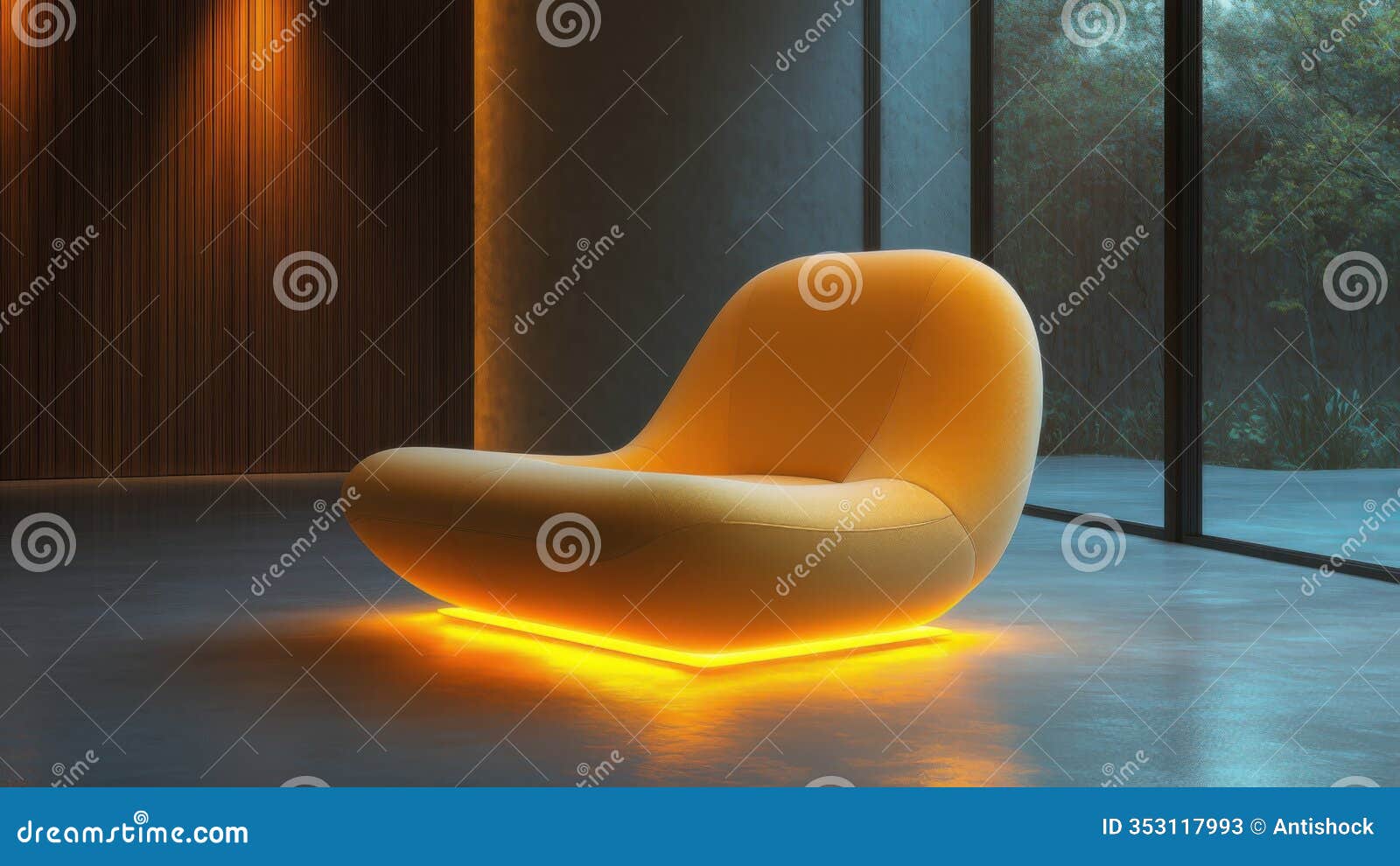 modern chair with a glowing underlayer and minimalistic frame creates the illusion of floating, combining elegance and