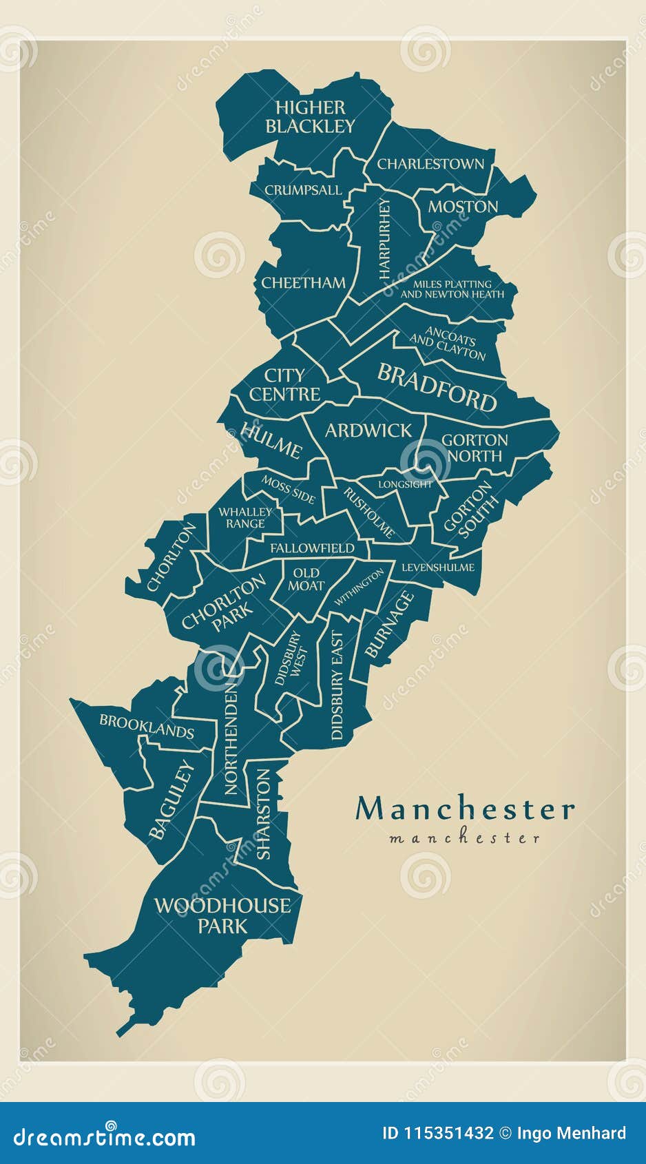 Modern City Map - Manchester City of England with Wards and Titles UK