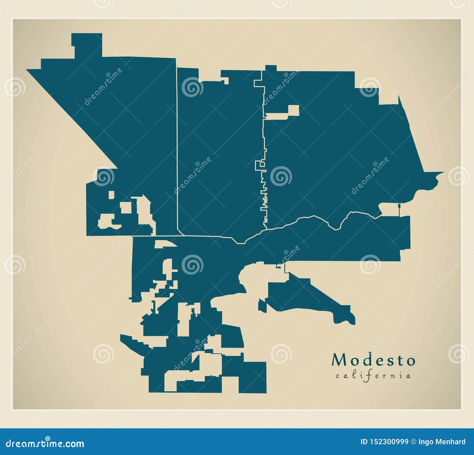modern city map - modesto california city of the usa with neighborhoods
