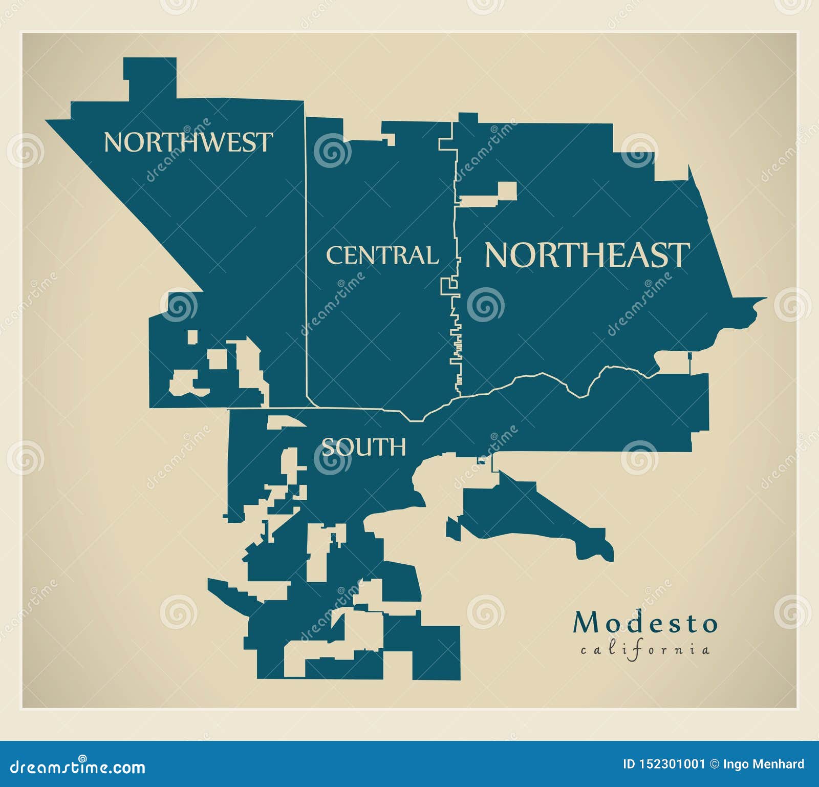 modern city map - modesto california city of the usa with neighborhoods and titles