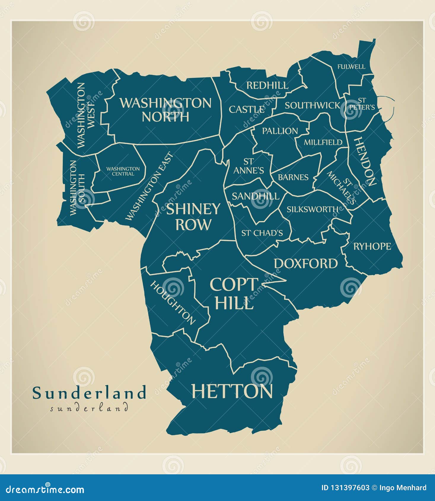 modern city map - sunderland city of england with wards and titles uk