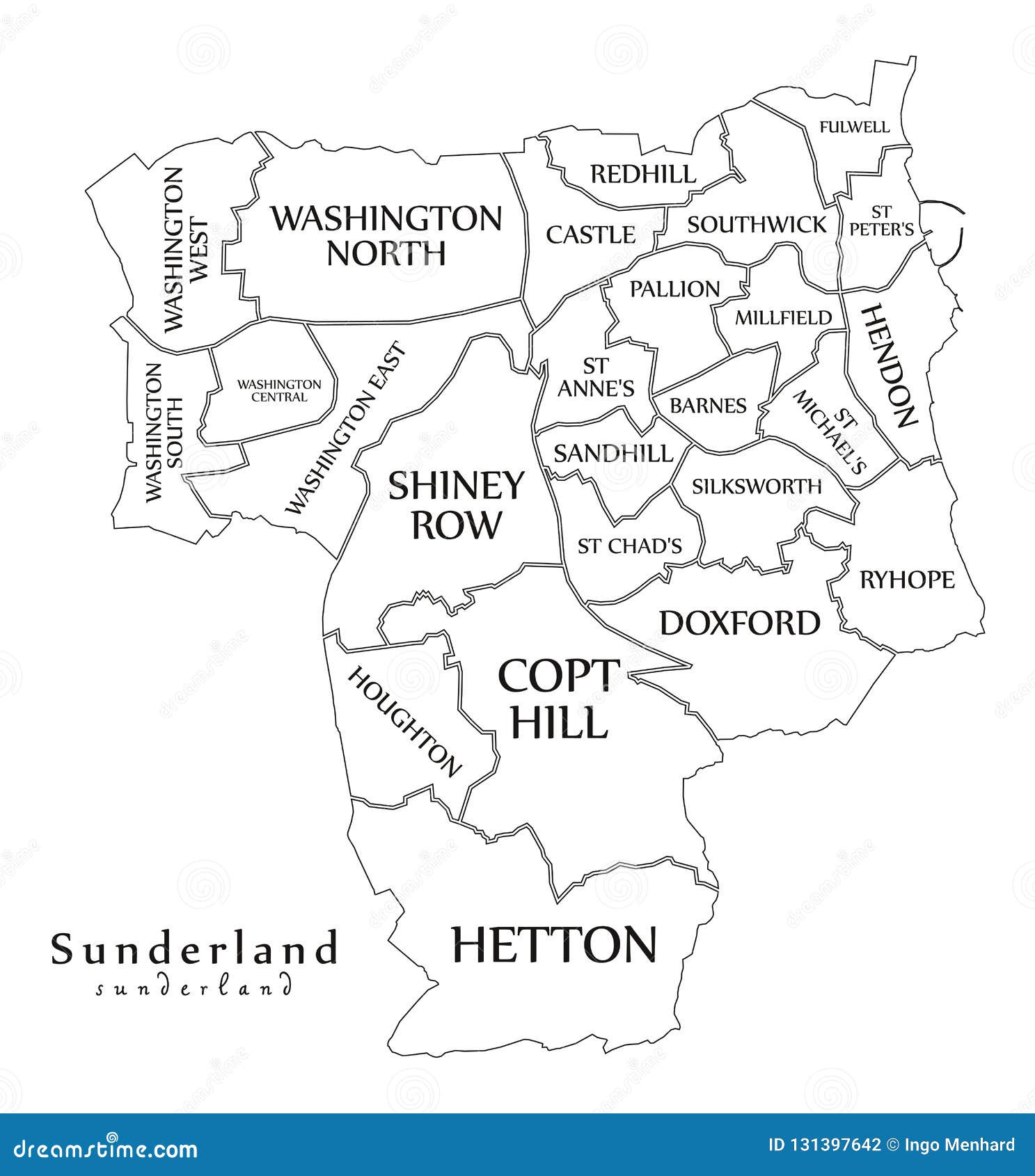 modern city map - sunderland city of england with wards and titles uk outline map