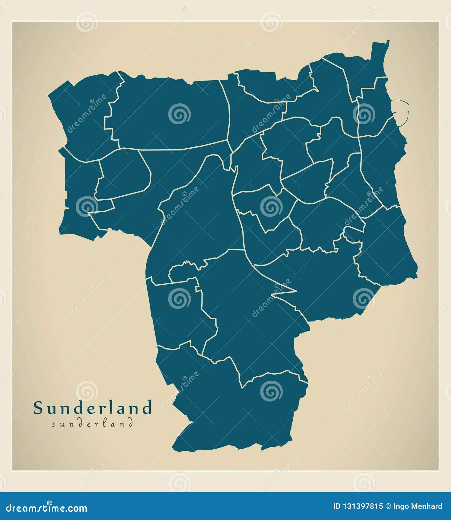 modern city map - sunderland city of england with wards uk