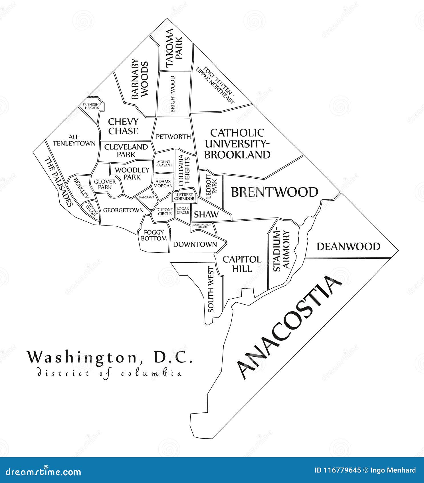 modern city map - washington dc city of the usa with neighborhoo