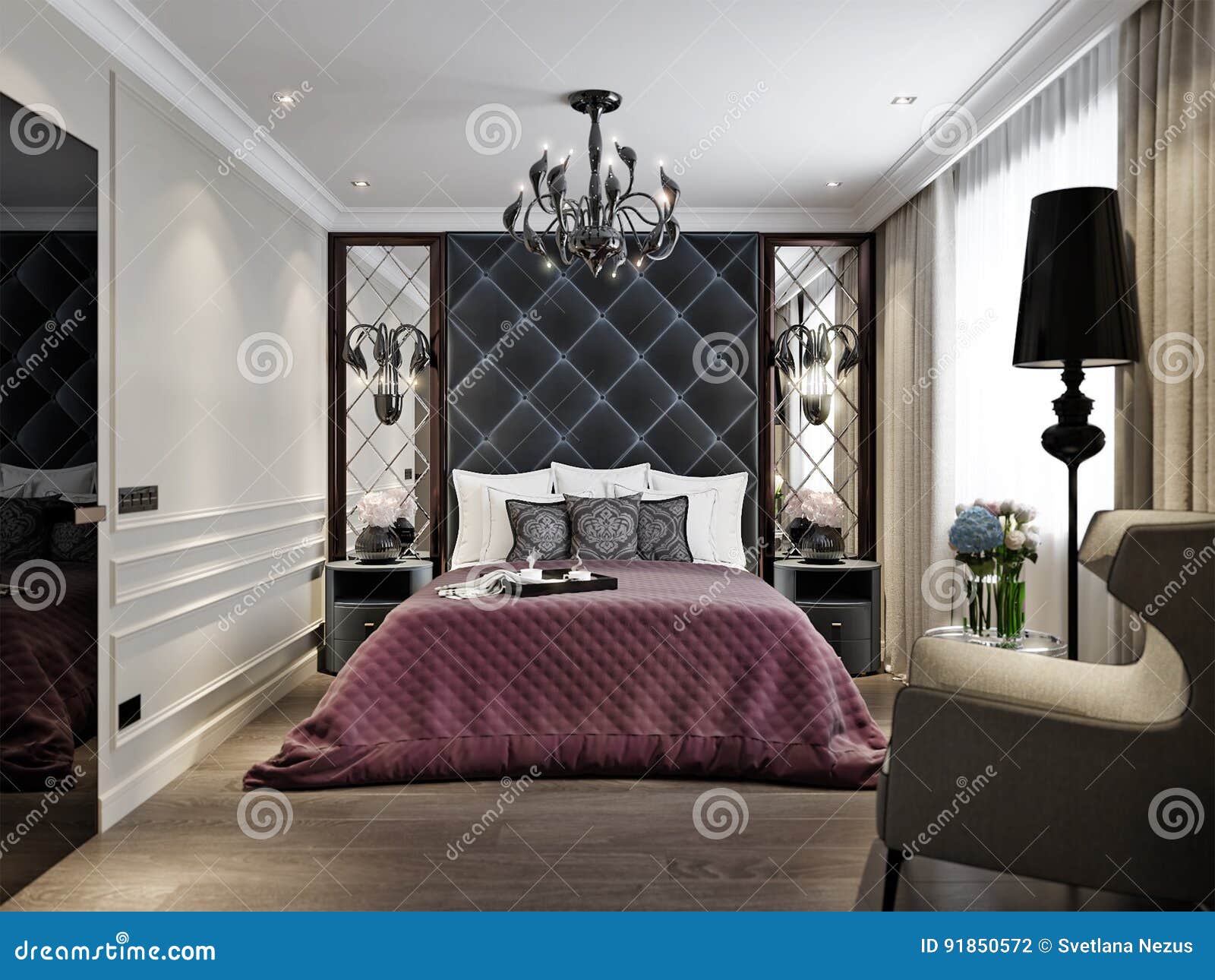 Modern Classic Art Deco Bedroom Interior Design Stock