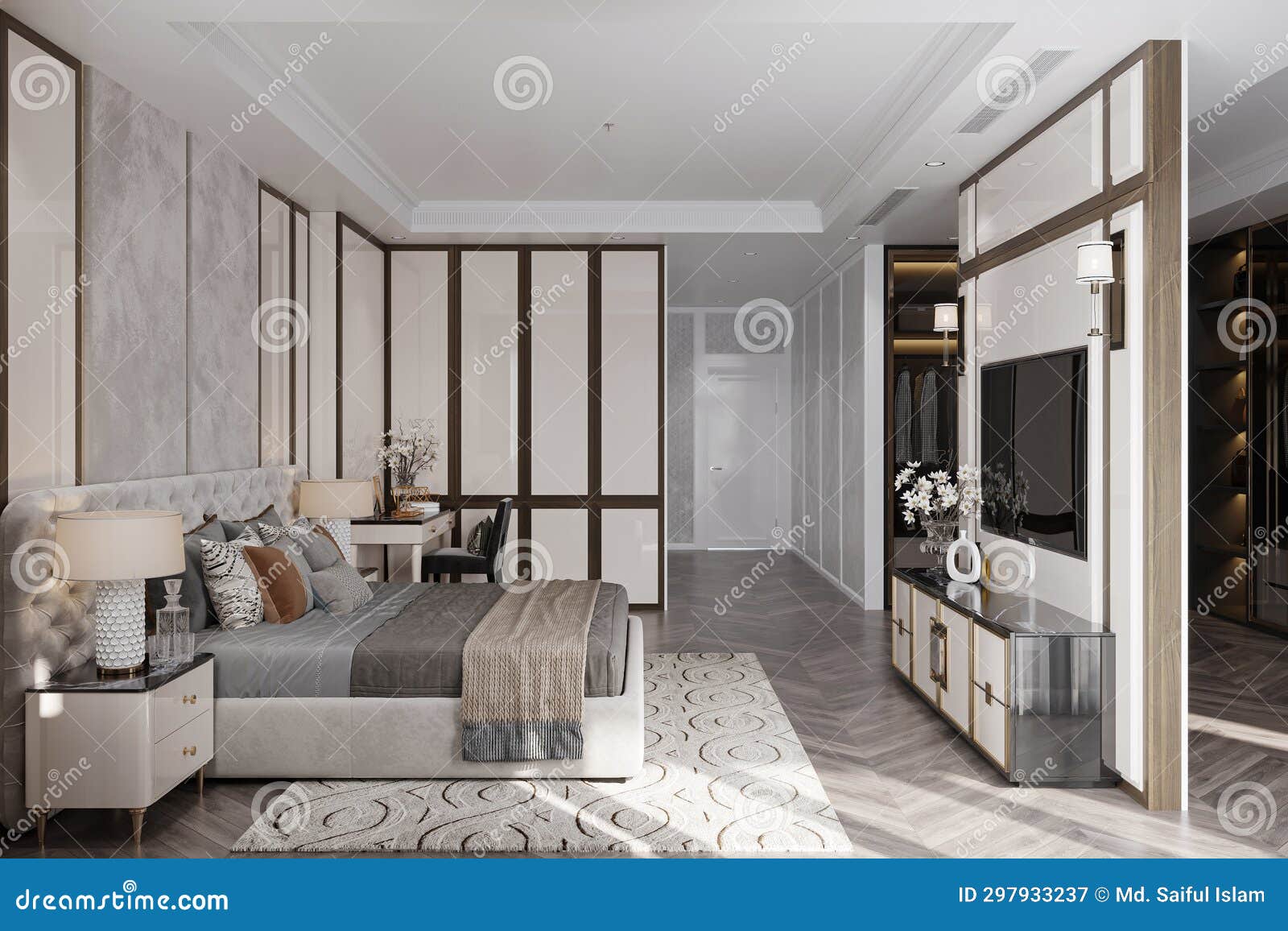 A Modern and Classic Bedroom Featuring with Stylish Bed, TV, Console