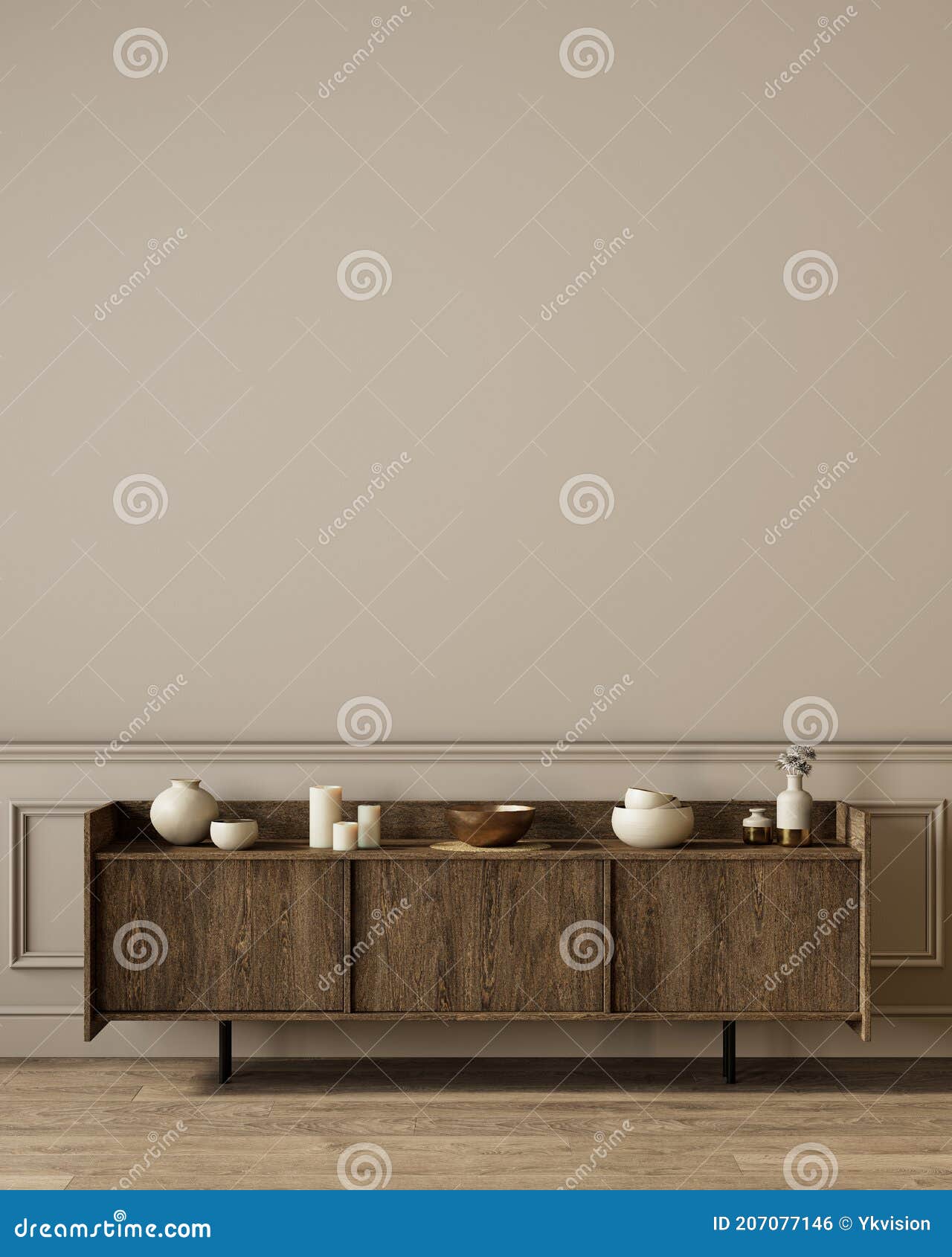 modern classic beige interior with dresser and decor.