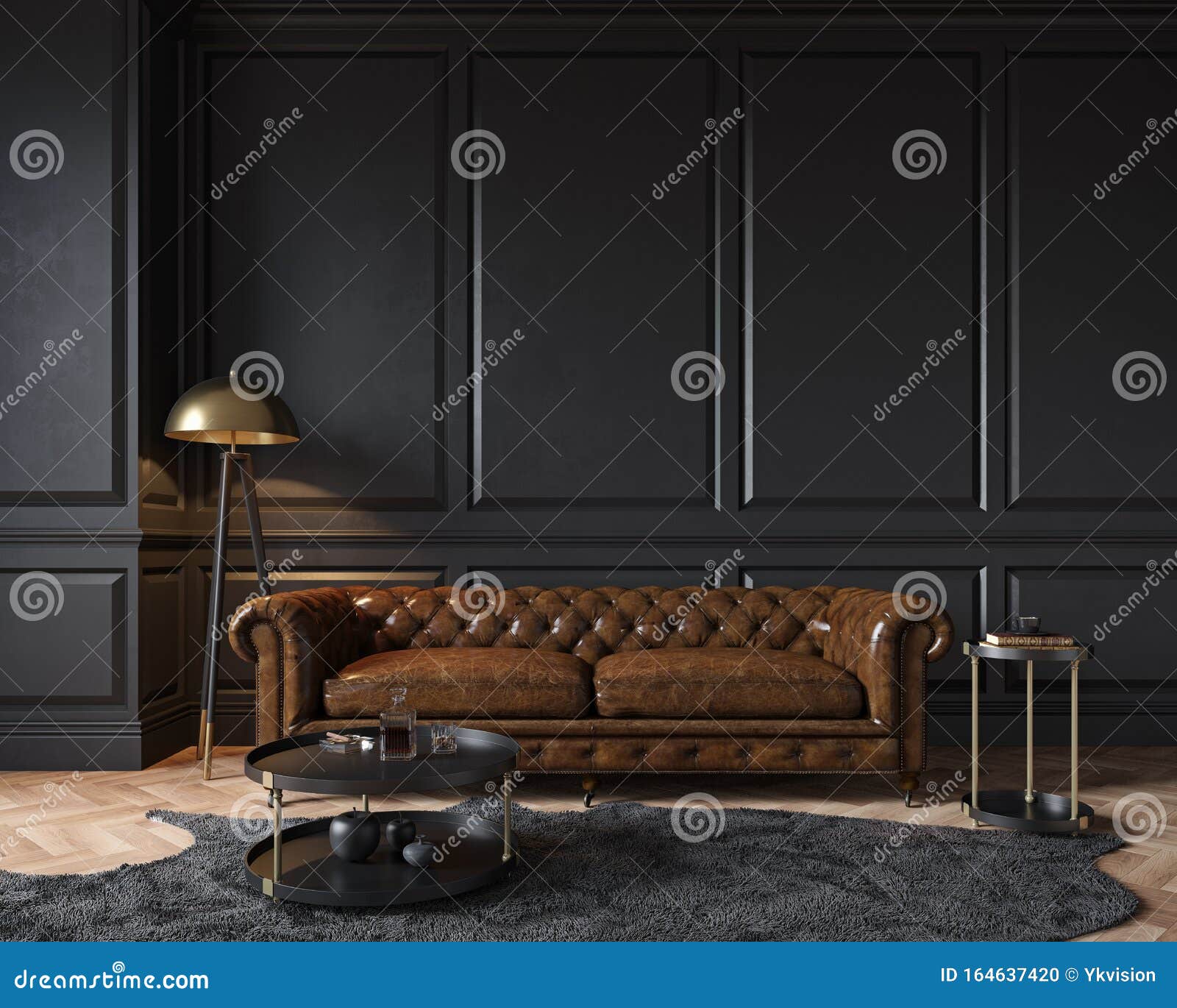 Modern Classic Black Interior with Capitone Brown Leather Chester Sofa,  Floor Lamp, Stock Illustration - Illustration of modern, lounge: 164637420