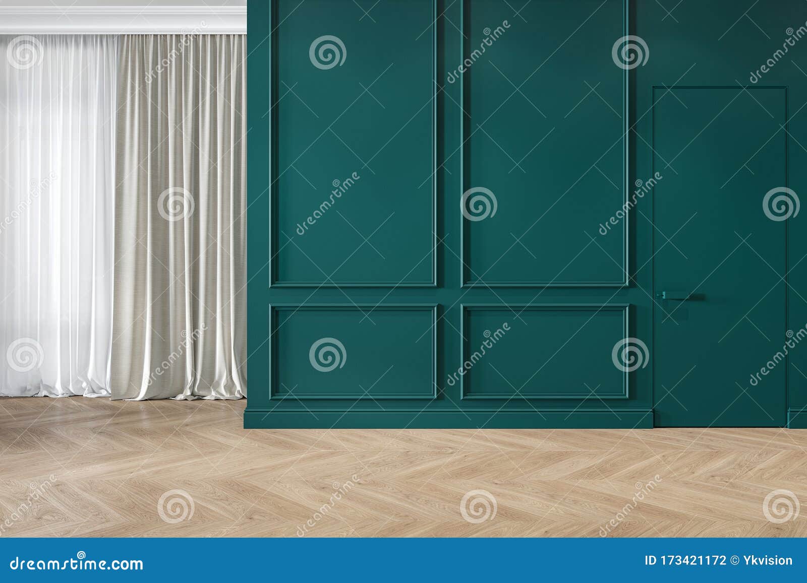 modern classic green interior blank wall with moldings, curtains, hiden door and wood floor.