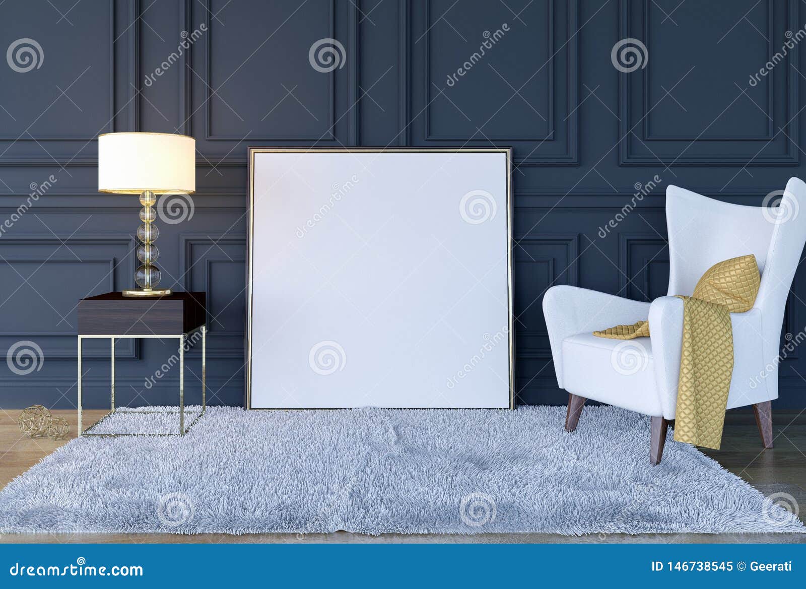 Modern Classic Luxury Living Room Interior Background with Mock Up Poster Frame, 3D Rendering