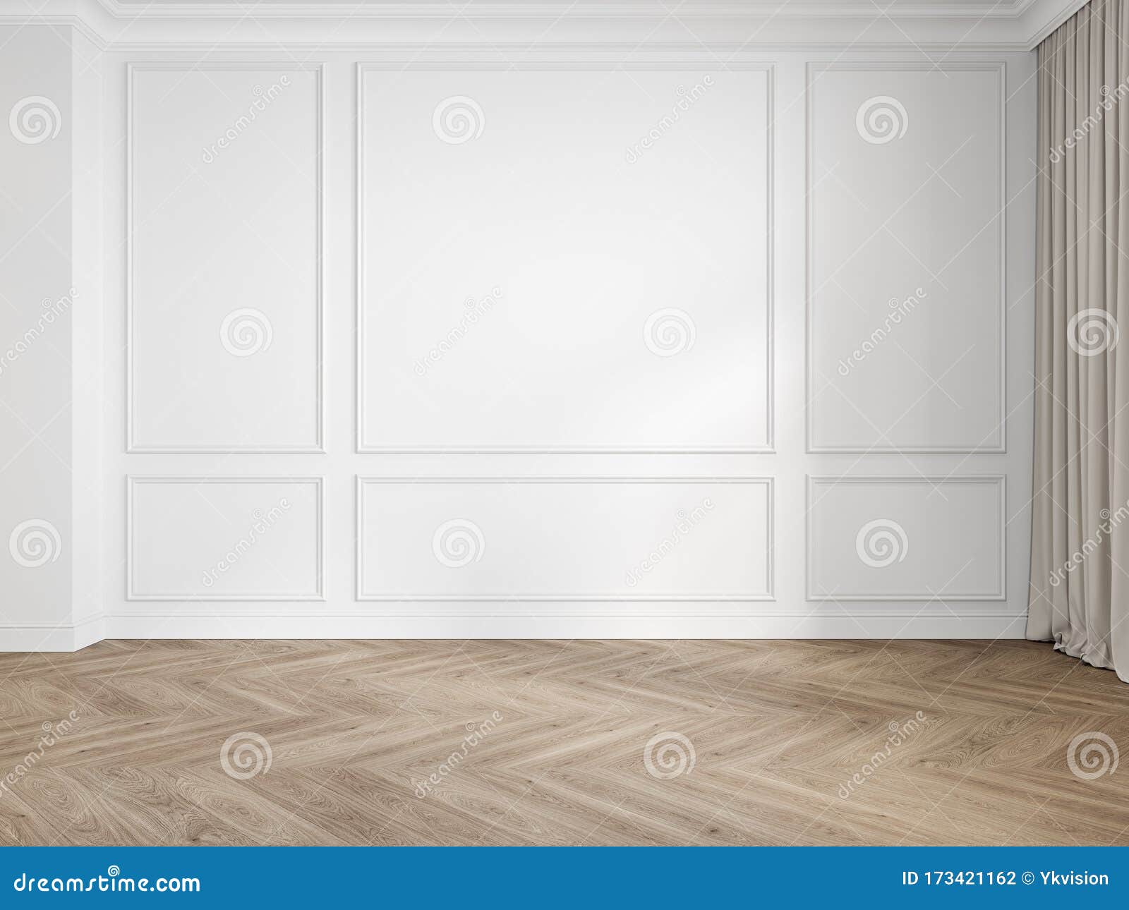 modern classic white interior blank wall with moldings, panelling, wood floor, curtain.