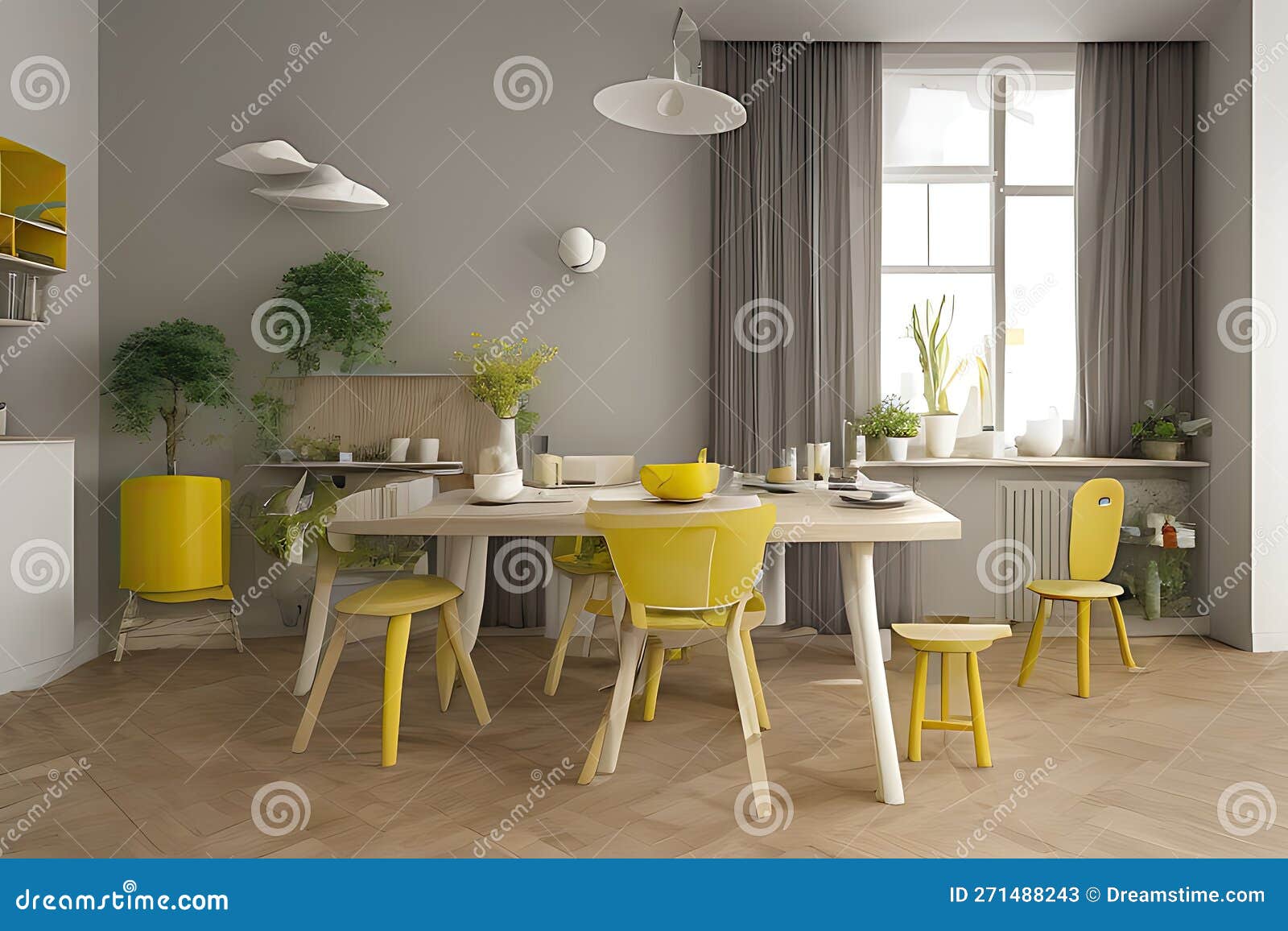 Modern Clean Contemporary Yellow Kitchen, Dining Table with Chairs and ...