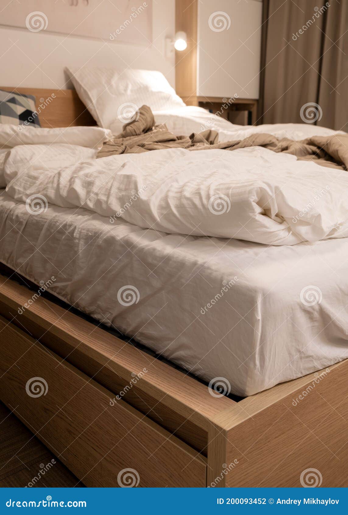 Modern Close-up of a Crumpled Hotel Bed after Sex, As on a Light Background picture pic