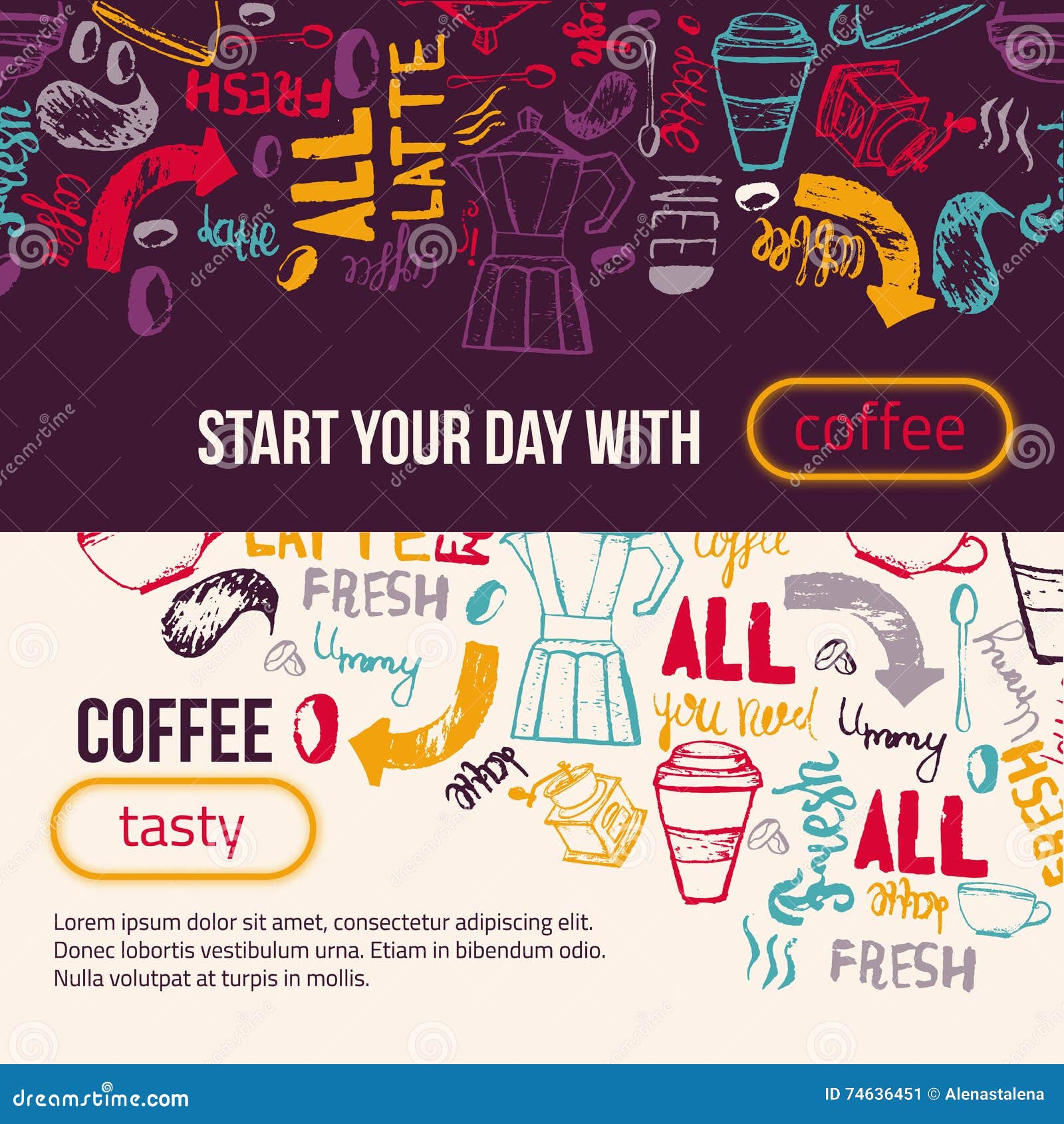 Modern Coffee Banner Lettering. Colorful Vector Background for Wrapping,  Banners. Stock Illustration - Illustration of design, bean: 74636451