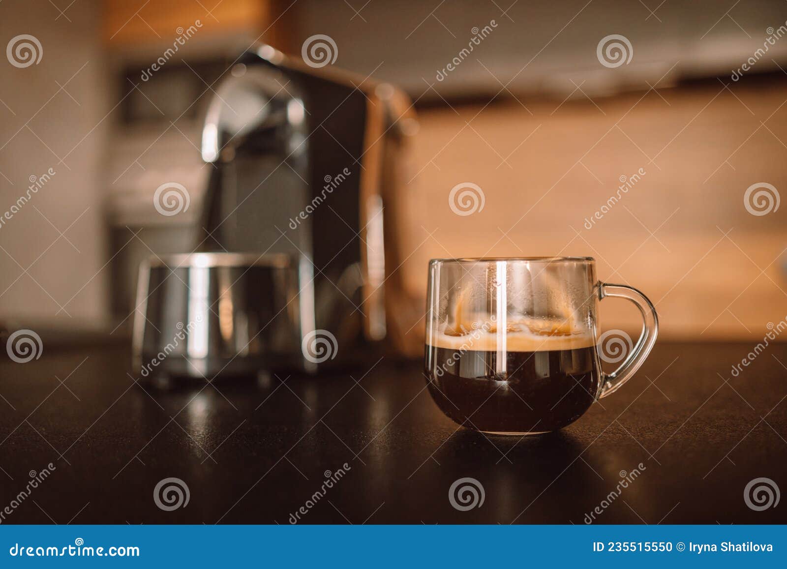 Modern Professional Espresso Coffee Machine, Cup on Kitchen Table