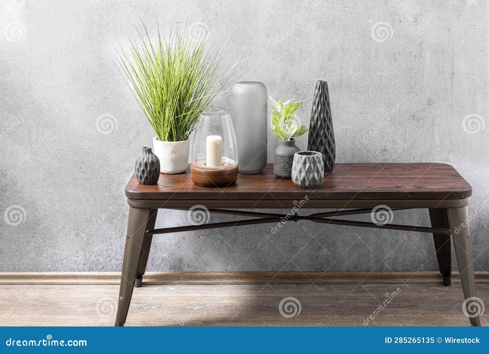 Modern Coffee Table with Potted Plants and a Pair of Vases Stock Image