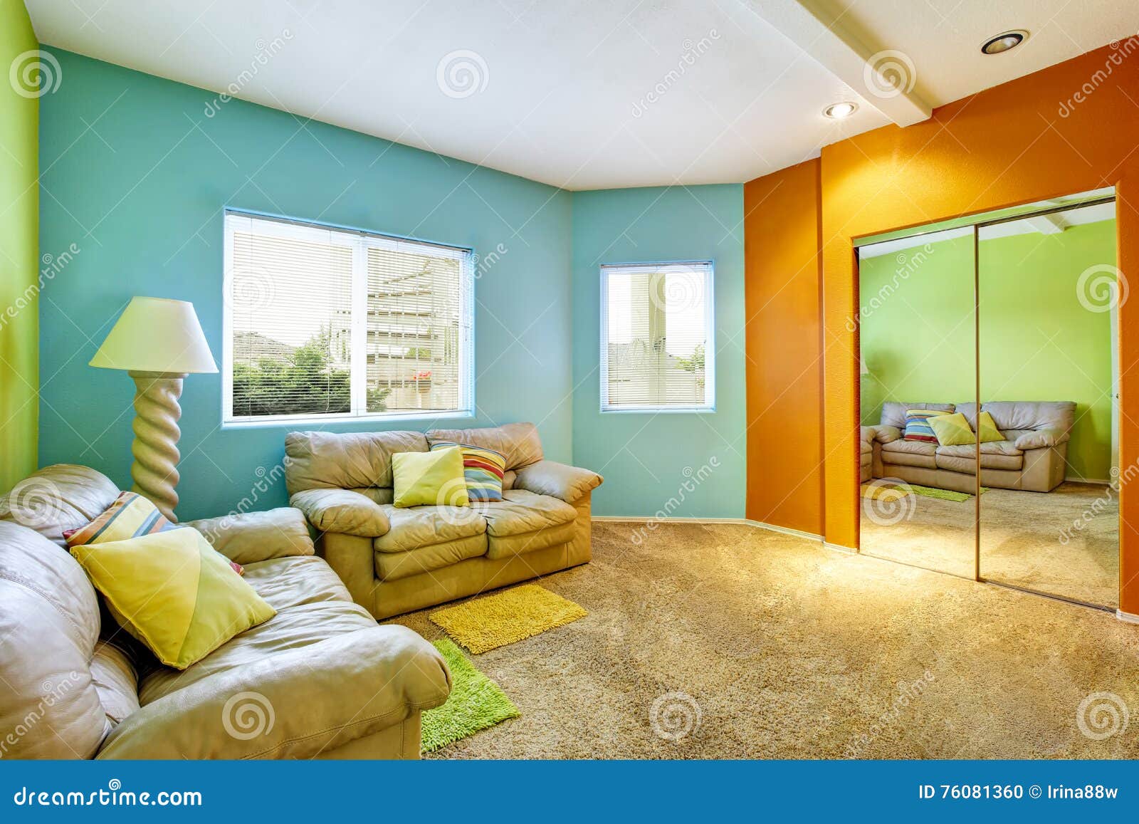 Modern Colorful Bedroom Interior with Two Leather Sofas Stock Photo