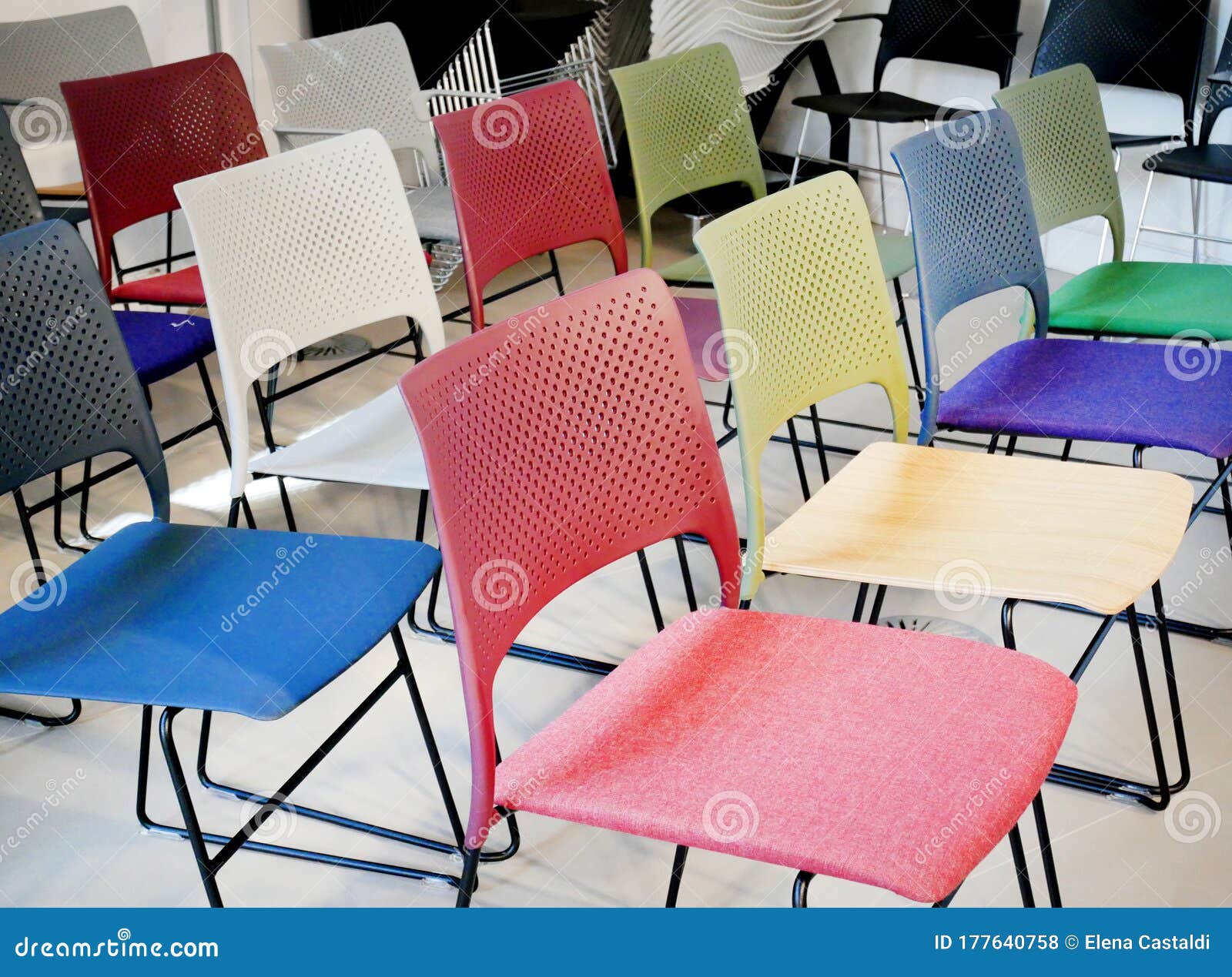 Modern colorful chairs stock photo. Image of white, desk 177640758