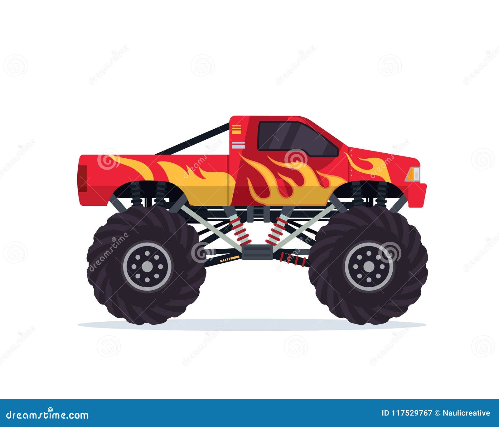 Bright Red Monster Truck with Yellow Flame Decal. Heave Car with Large  Tires and Black Tinted Windows. Flat Vector Icon Stock Vector -  Illustration of game, element: 122779860