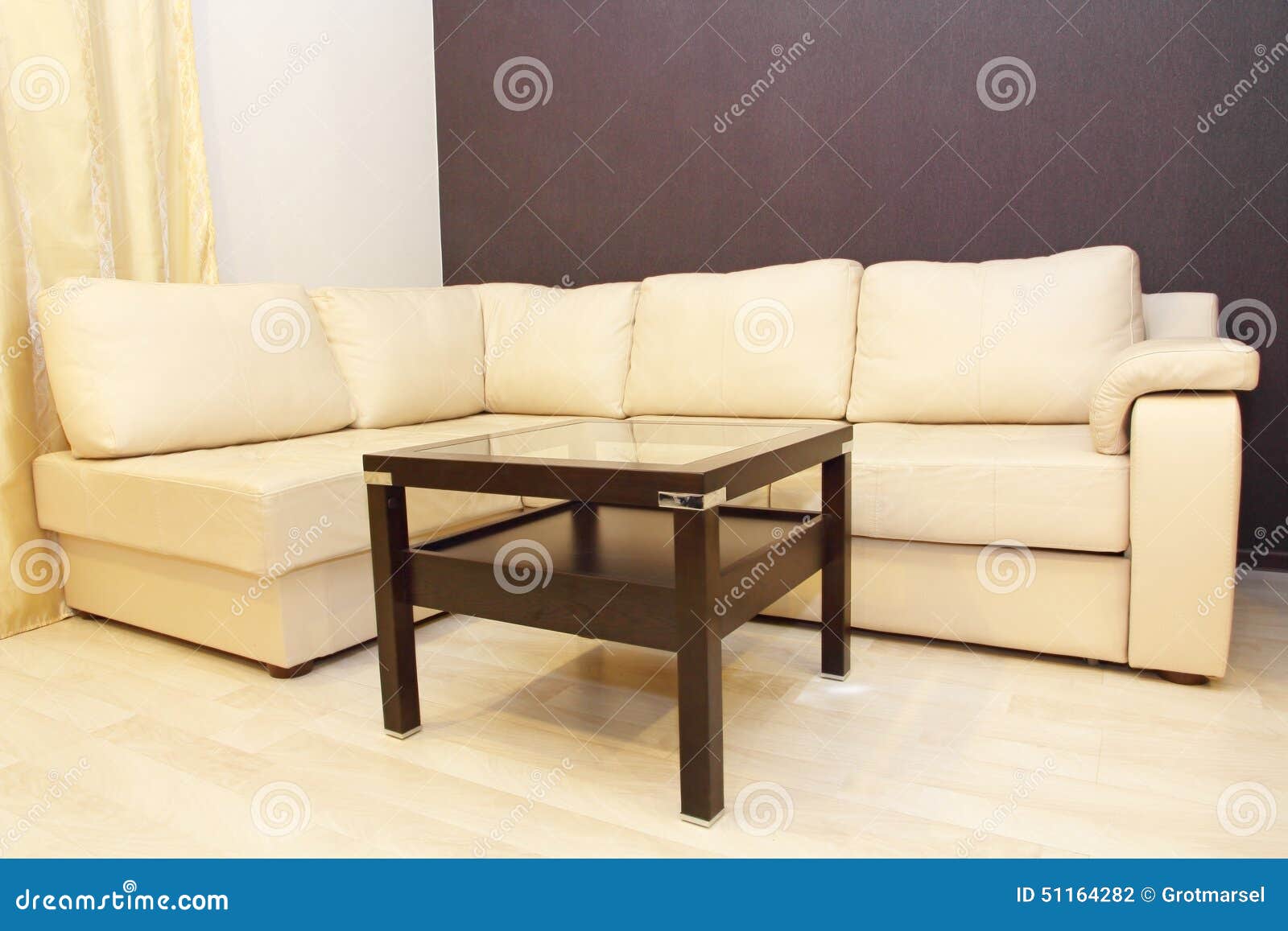 Modern Comfortable White Corner Leather Sofa and Coffee Table. Stock