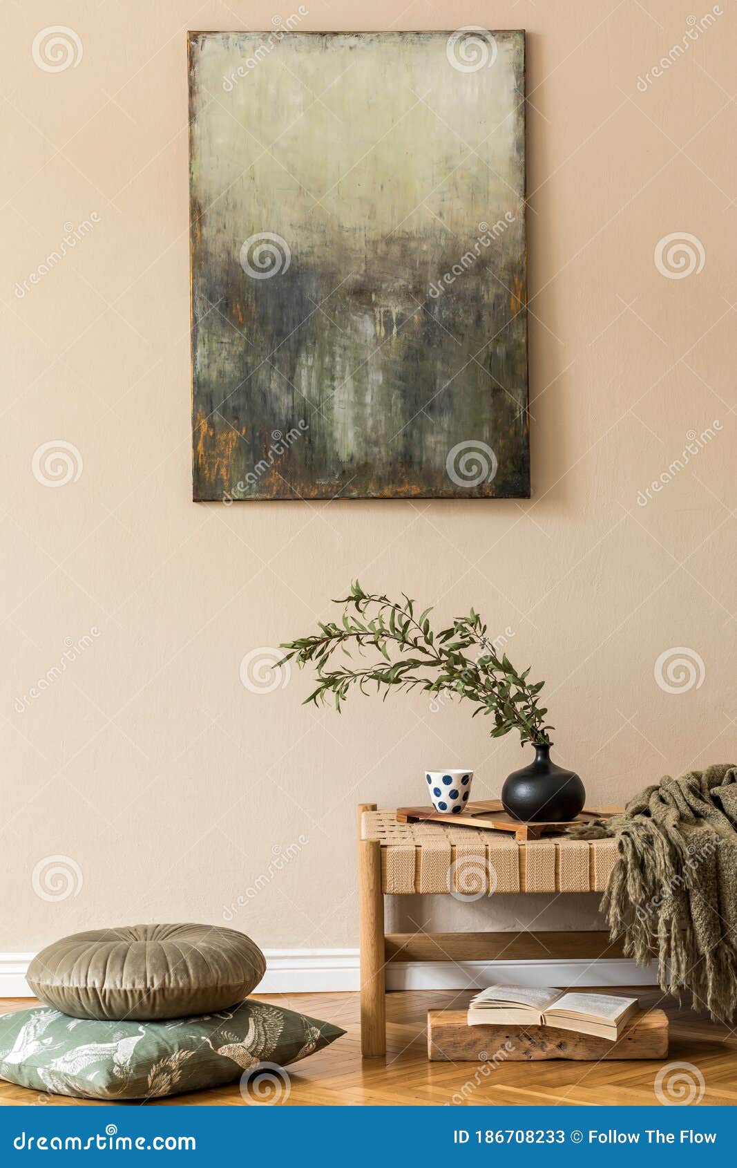 modern composition of living room with  chaise longue, pillows, mock up paintings, flowers in vase and pillows.
