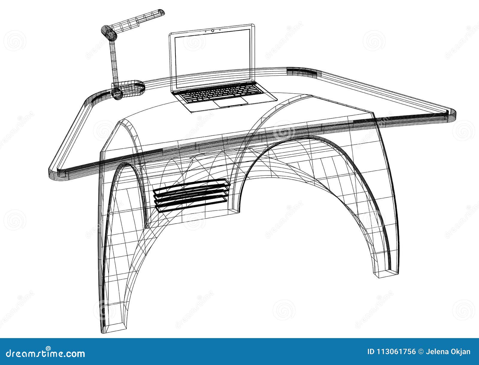Modern Computer Desk 3D Blueprint Isolated Stock Illustration