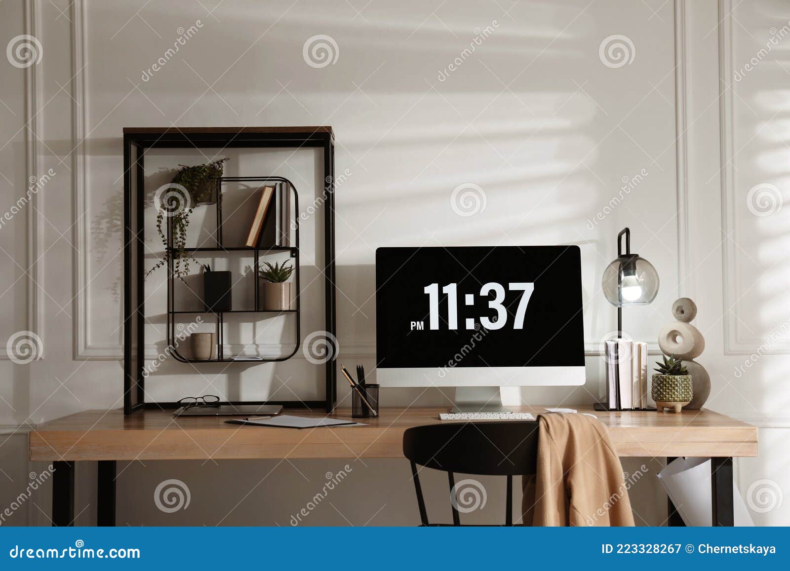 Modern Computer and Laptop on Desk in Room. Interior Design Stock Image