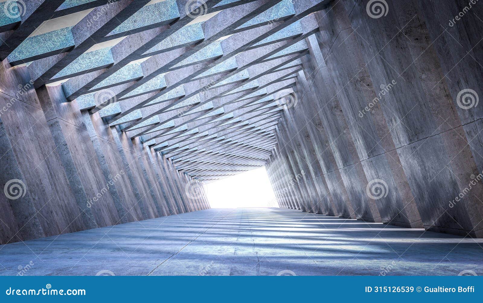 modern concrete tunnel with skylight perspective