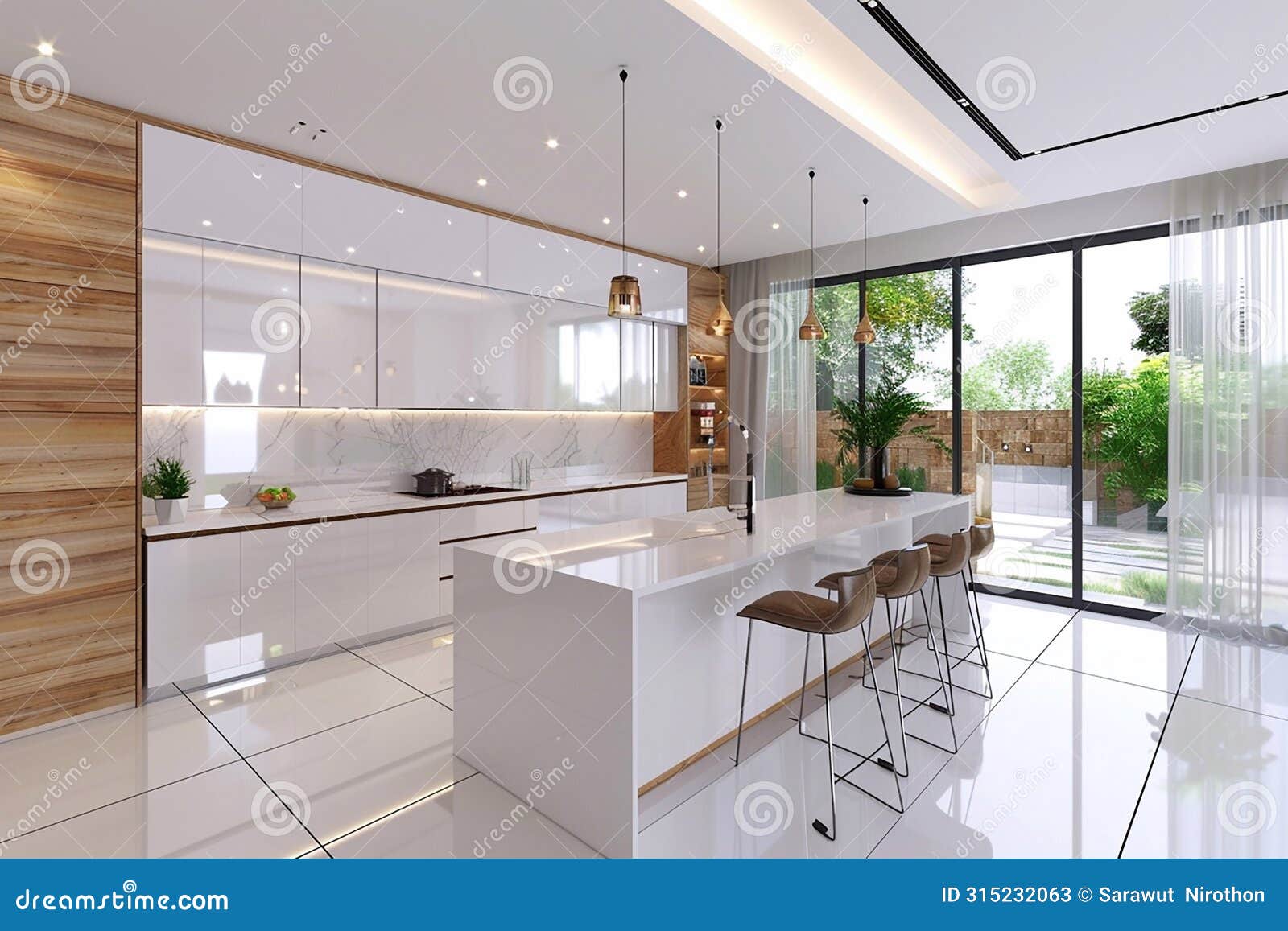 Modern Contemporary Kitchen White and Wood Interior Design Stock