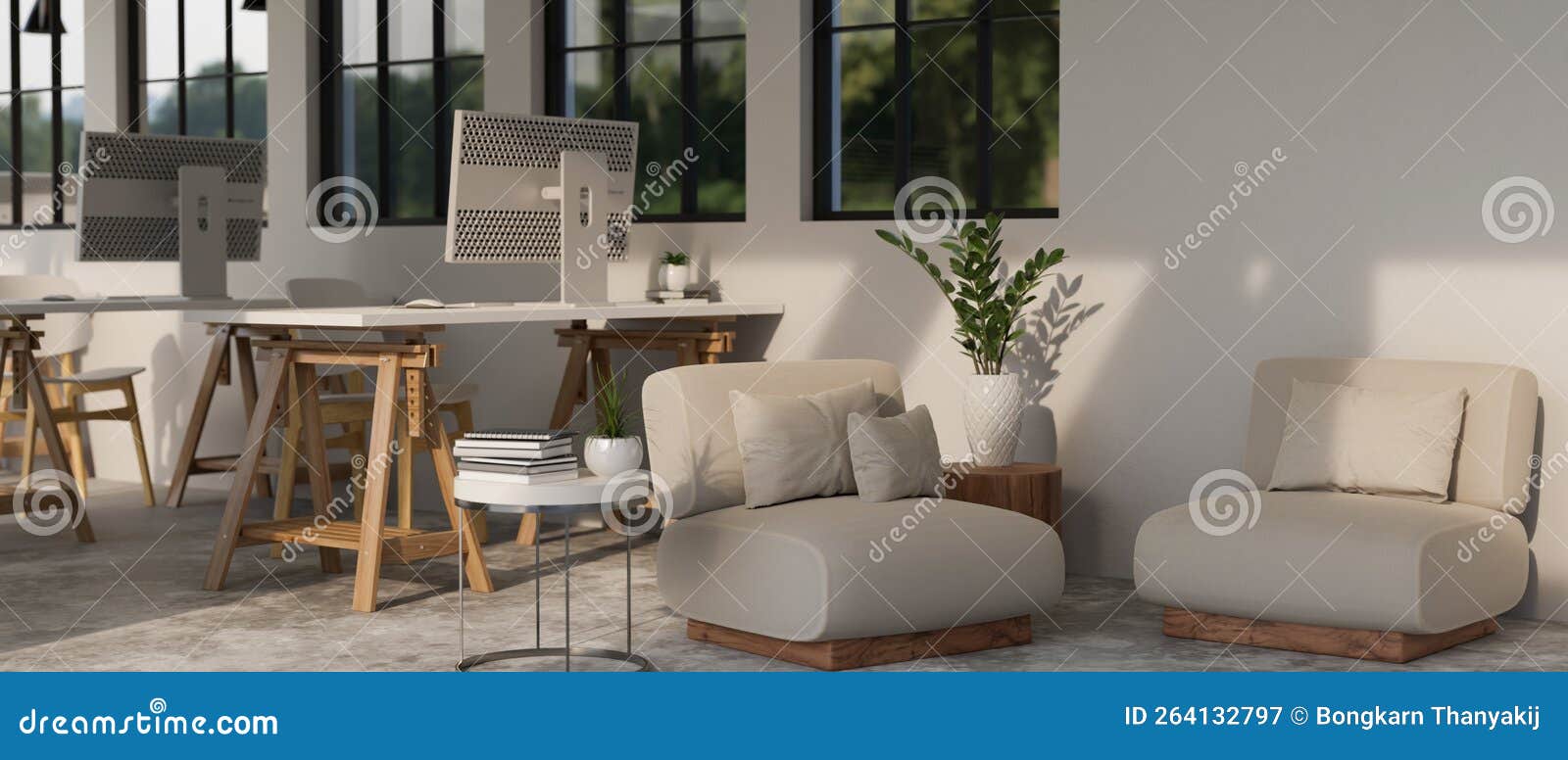 Modern Contemporary and Minimal Office Workplace with Relaxation Space