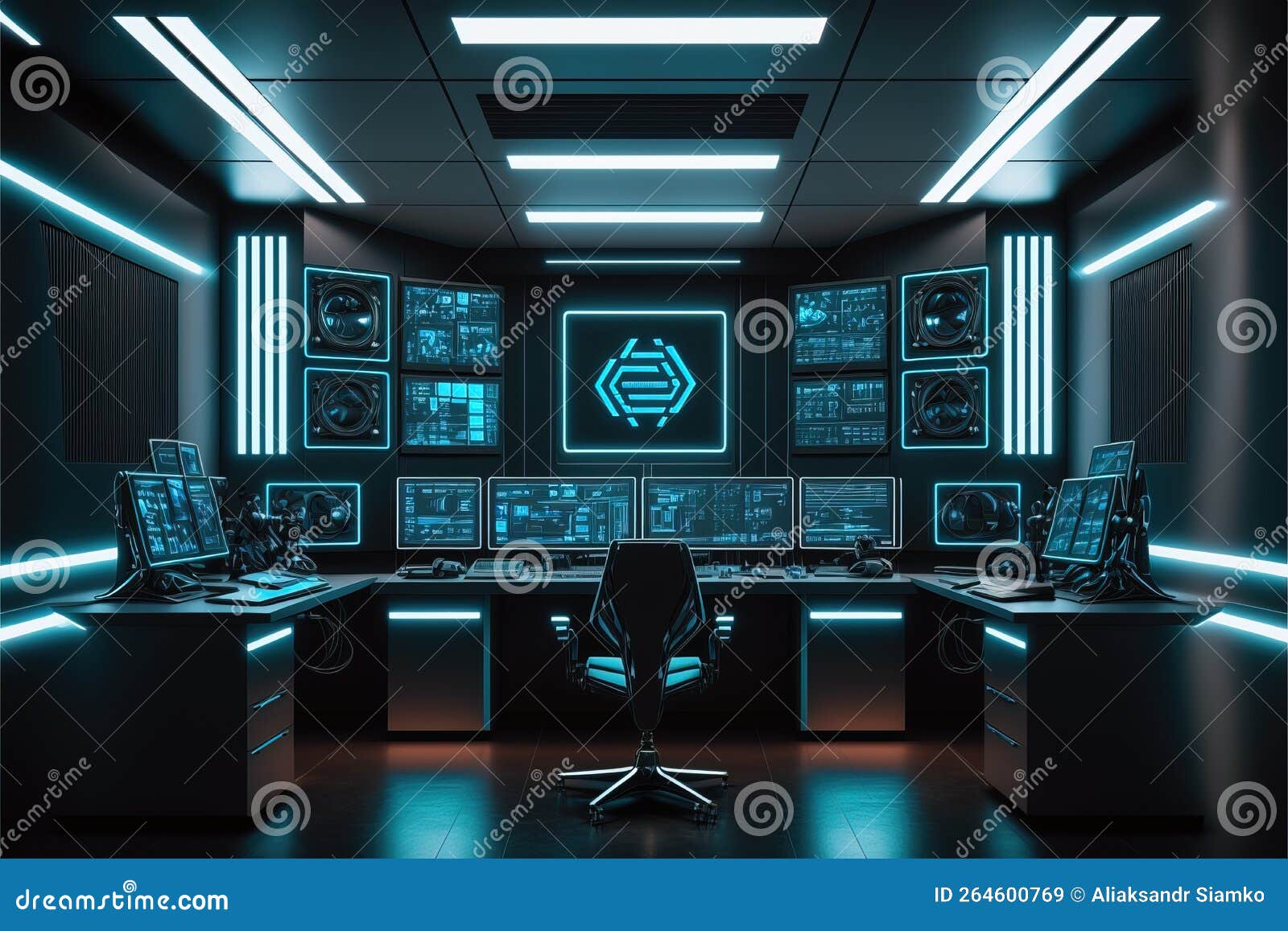 Modern Control Room. Multiple Personal Computer Monitors Showing Coding ...