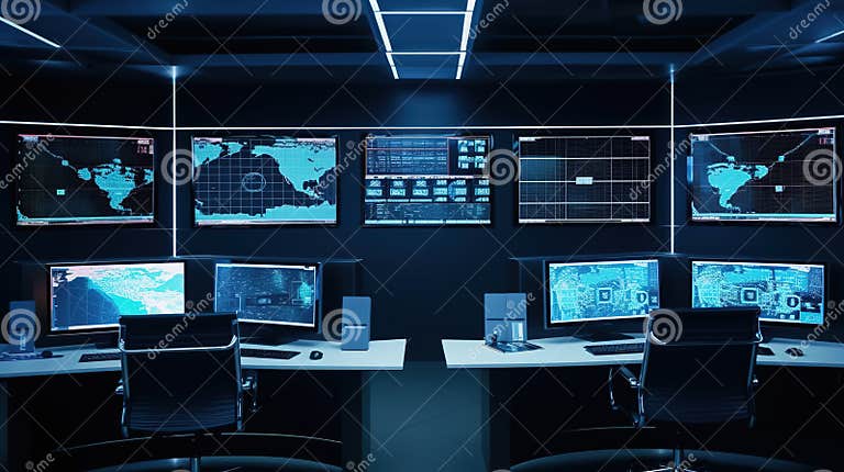 Modern Control Room. Multiple Personal Computer Monitors Showing Coding ...