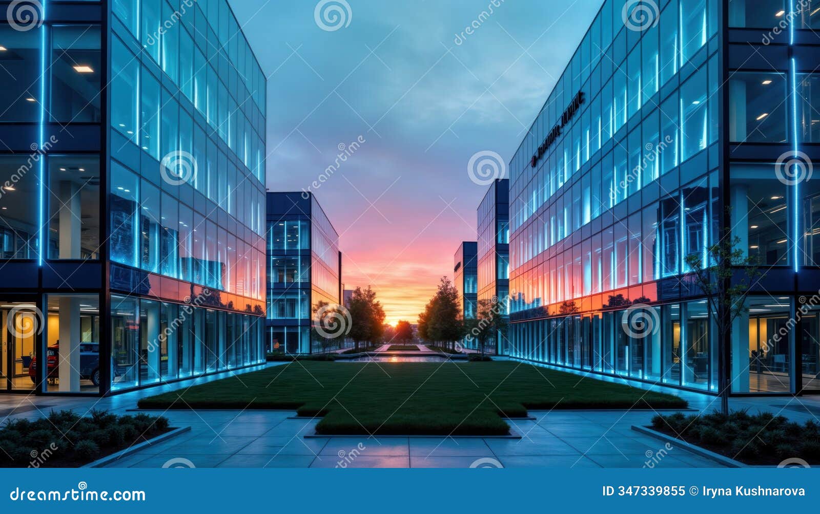 modern corporate campus at sunset. glass buildings with bold blue neon lights. eco-friendly . innovative tech hub.