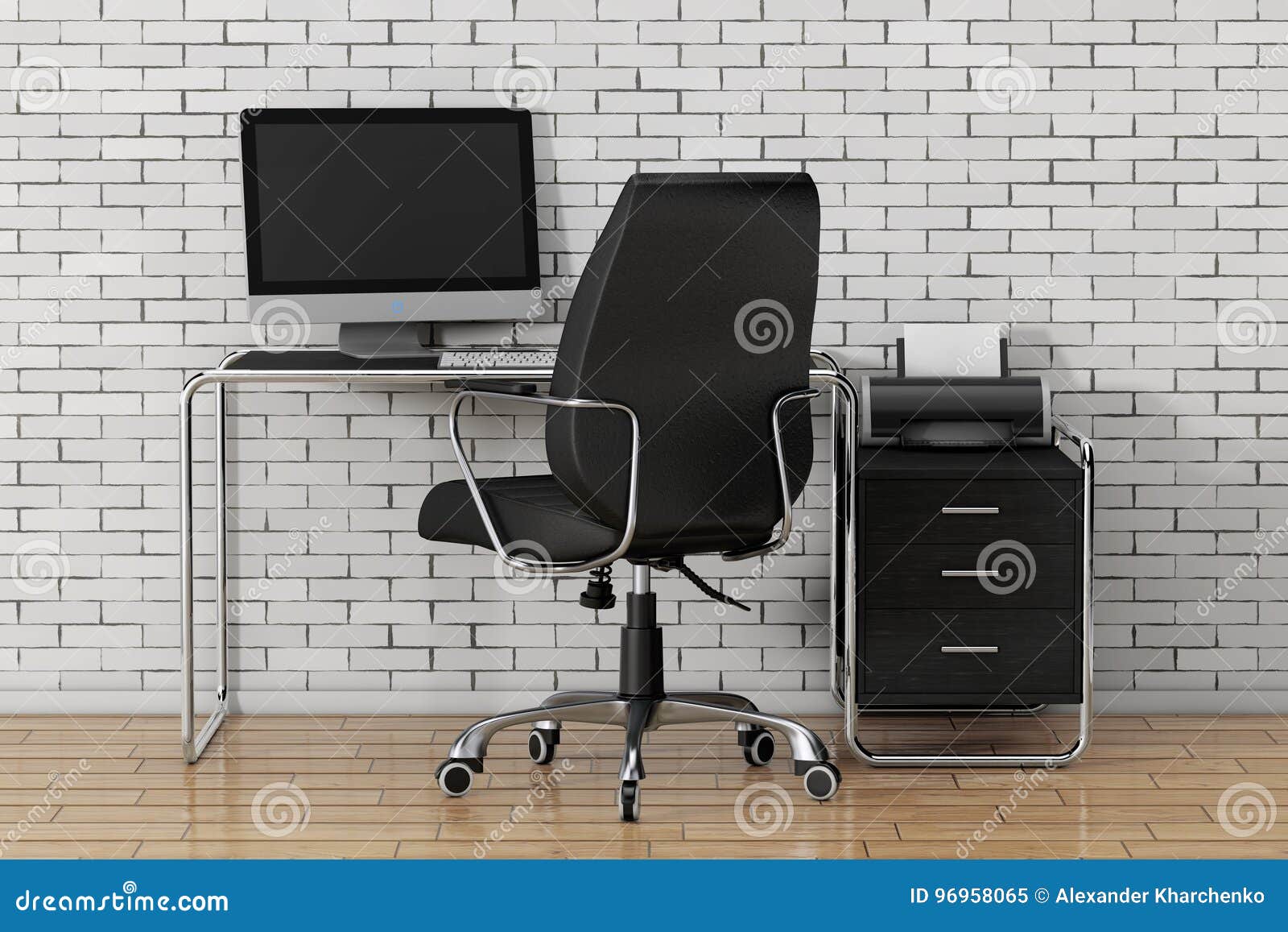 Modern Creative Workspace. Computer is on Office Table with Black