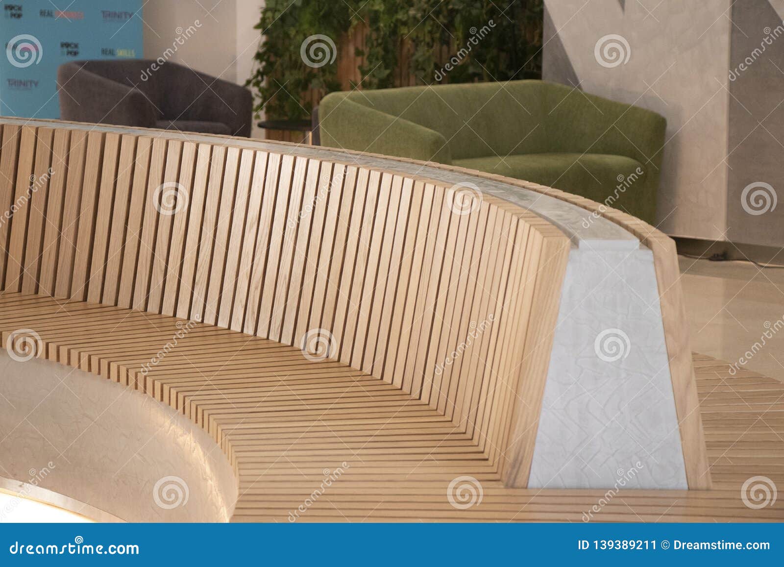 Modern Curved Shaped Brown Wooden Bench Indoor Stock Image Image Of Public