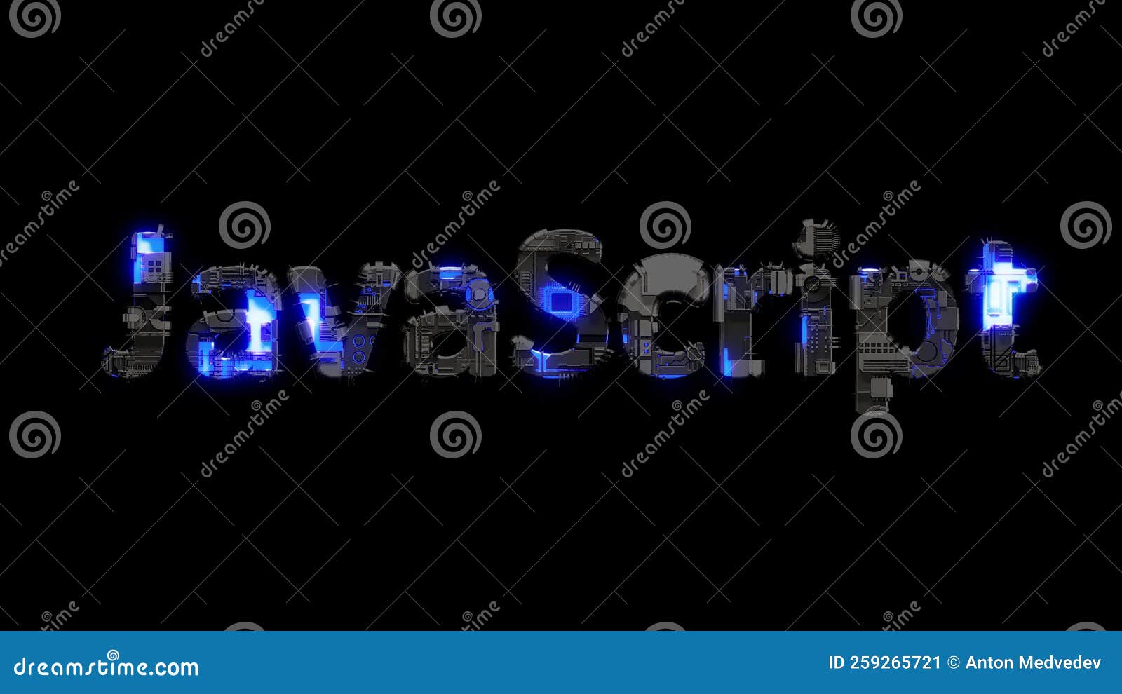 Modern Text JavaScript Shining Blue Electric Light, Isolated Object 3D Illustration