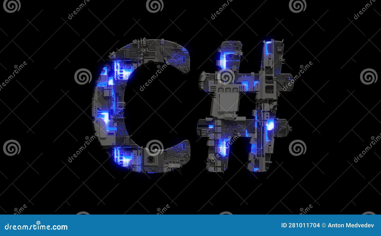 modern cybernetical text c# shining blue electric light,  - object 3d rendering