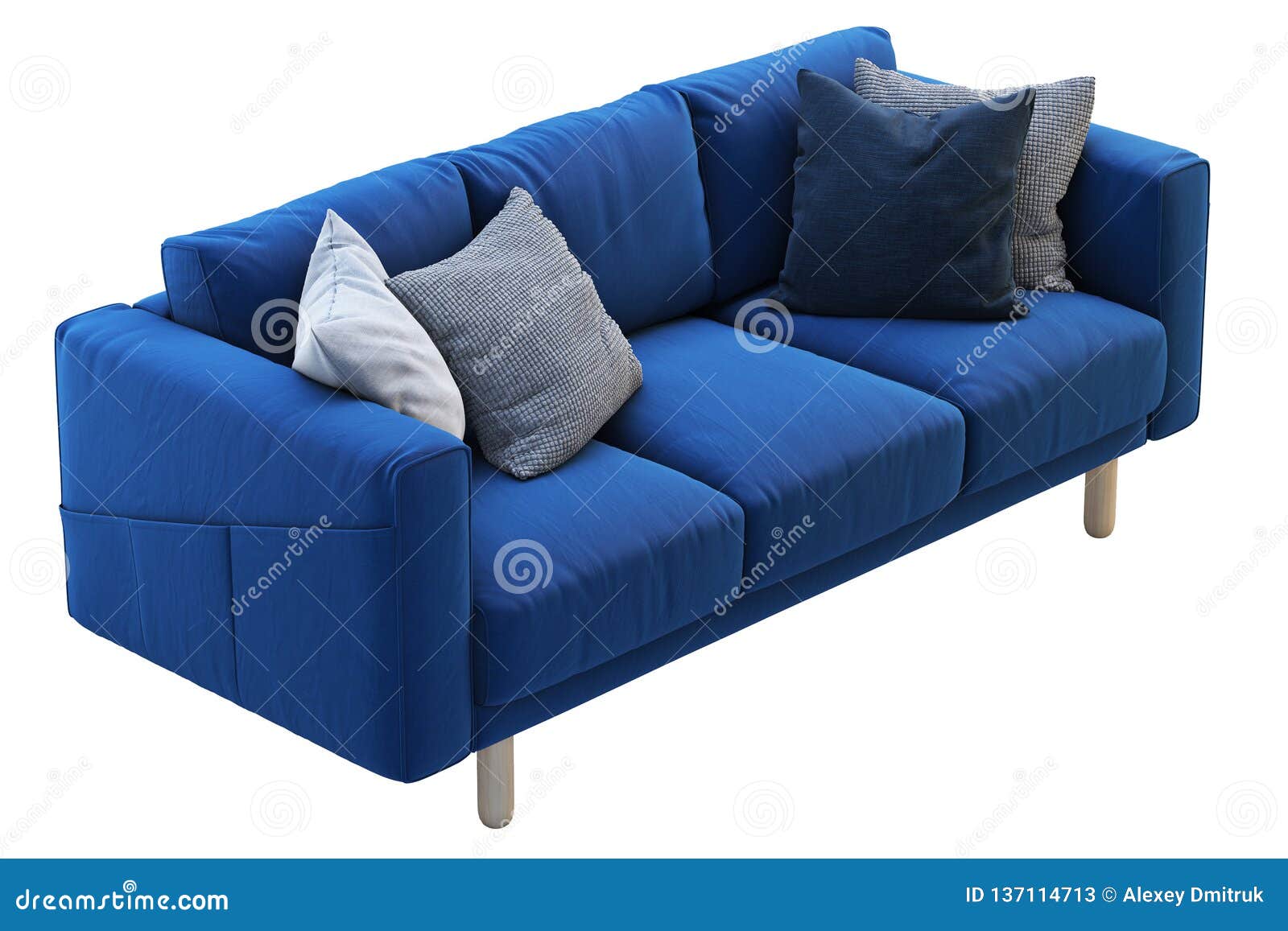 Modern Dark Blue Fabric Sofa with Colored Pillows. 3d Render Stock