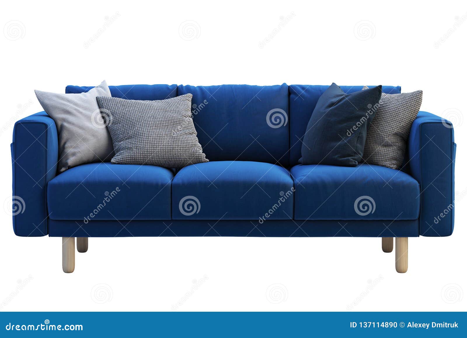 Modern Dark Blue Fabric Sofa With Colored Pillows. 3d Render Stock