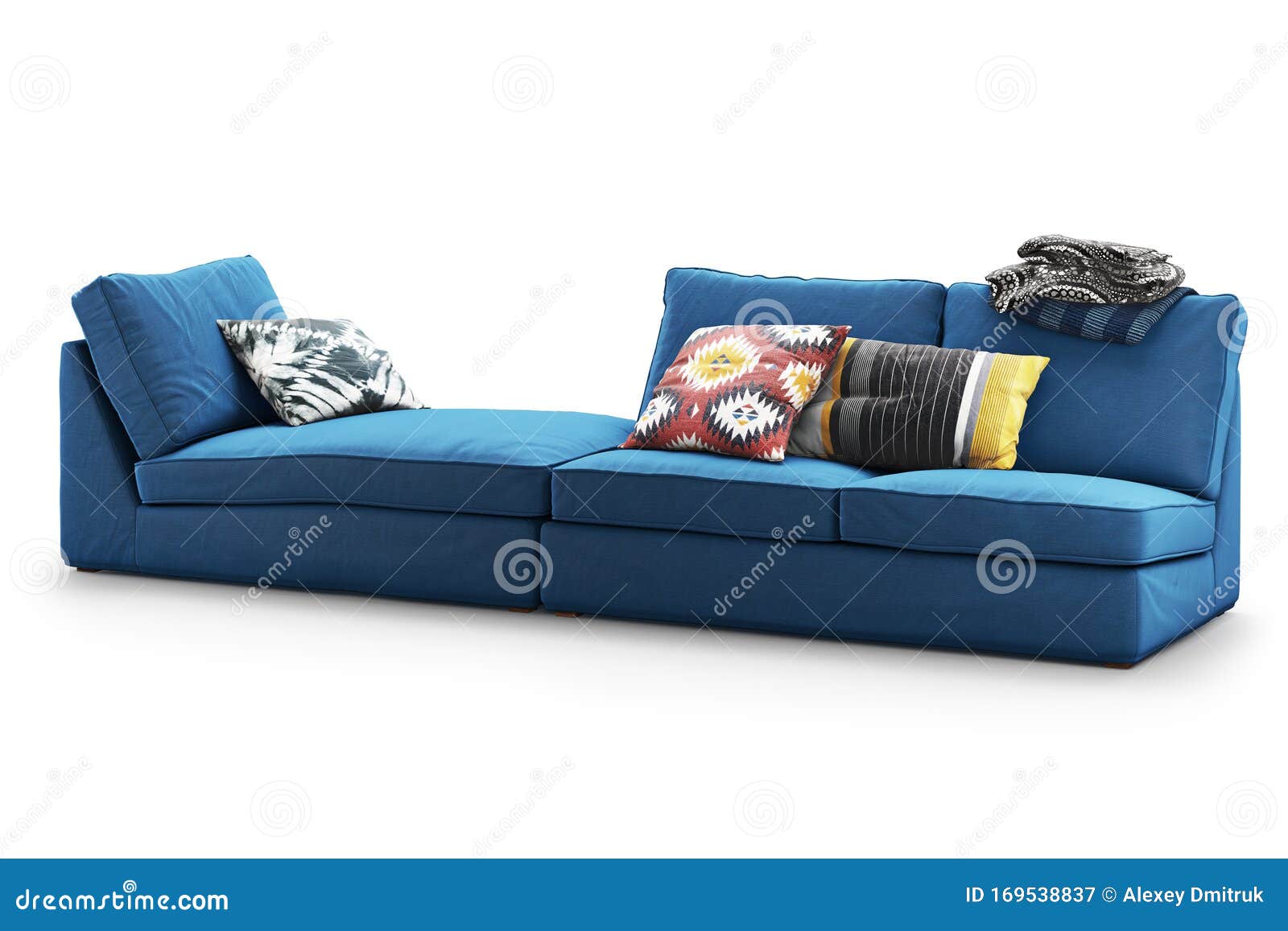 Modern Dark Blue Textile Sofa with Colored Pillows and Plaid. 3d Render