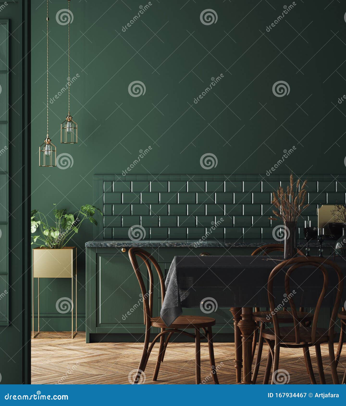 Modern Dark Deep Green Kitchen Interior, Wall Mock Up Stock