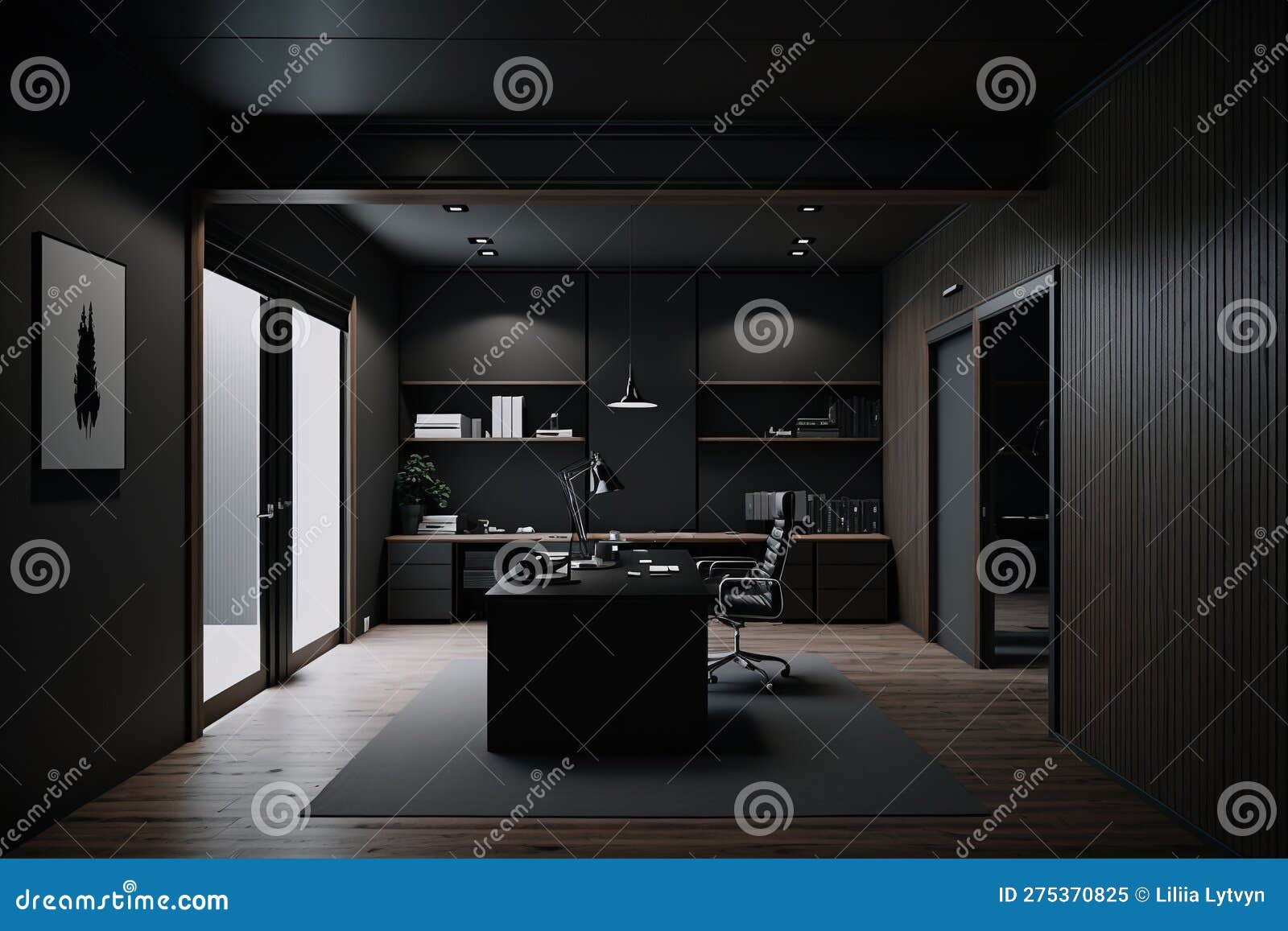 Modern Dark Office Interior In Loft, Industrial Style, Generative AI