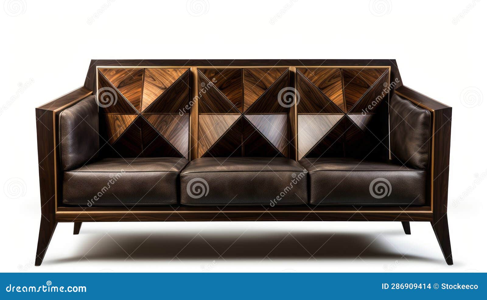 modern dark wood sofa with geometric symmetry and black leather