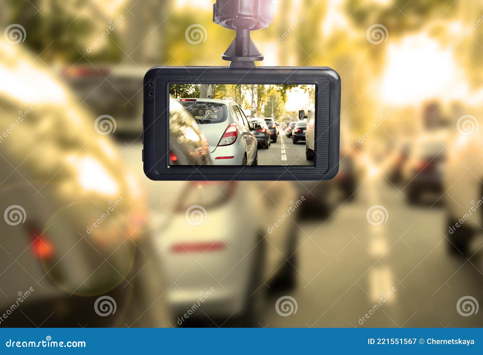 Modern Dashboard Camera in Car, View of Road during Driving Stock Image