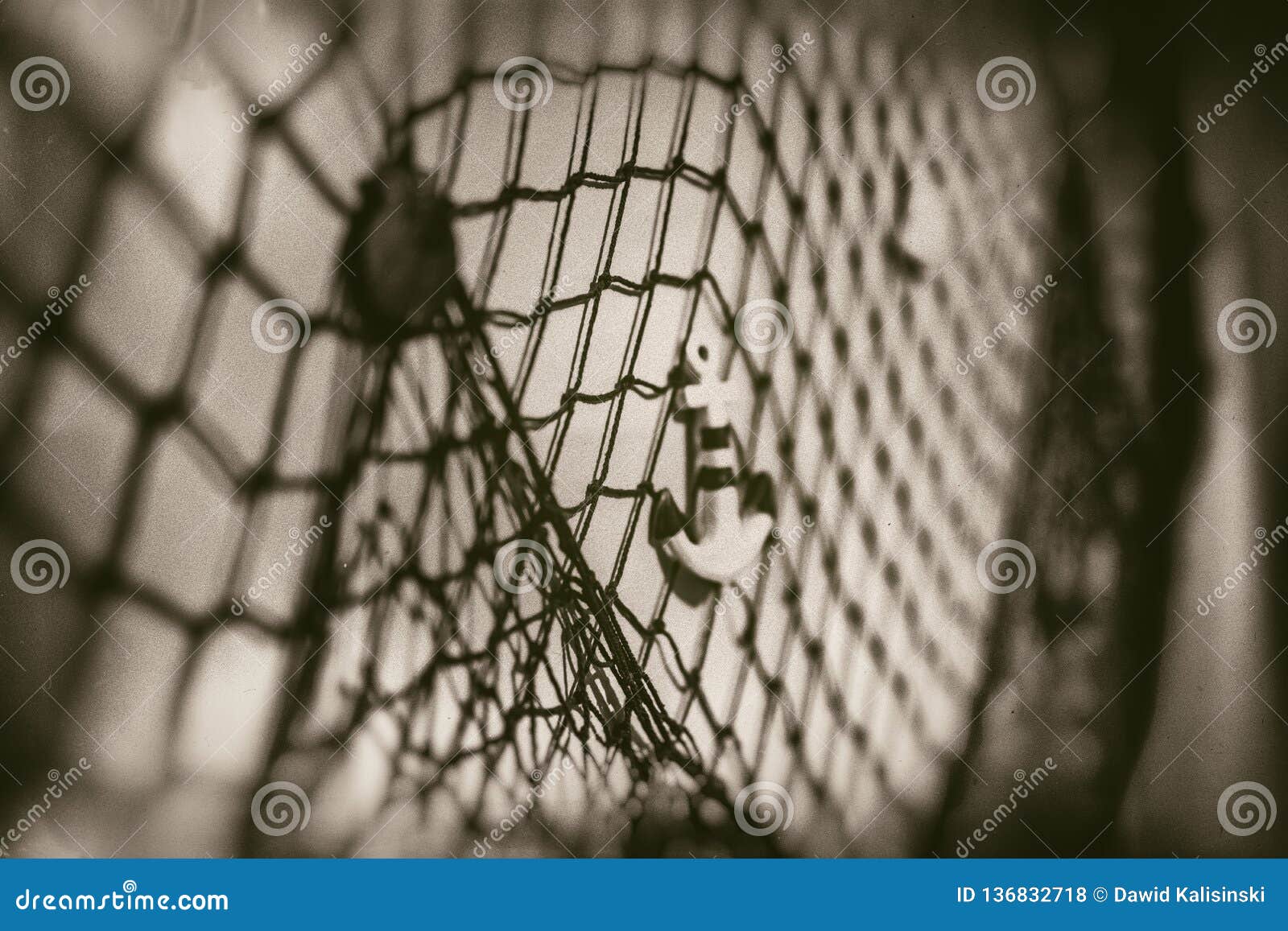 Small Anchor on Decorative Fishing Net on Wall, Modern Decoration