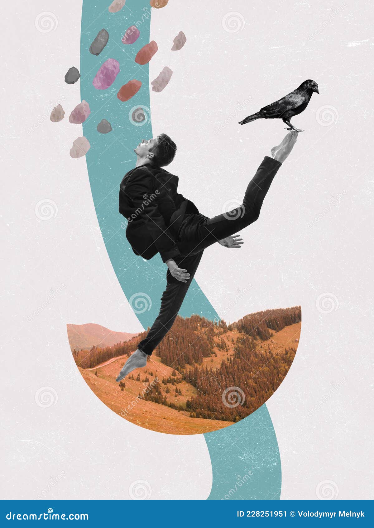 modern , contemporary art collage. inspiration, idea, trendy urban magazine style. young man dancing with bird on