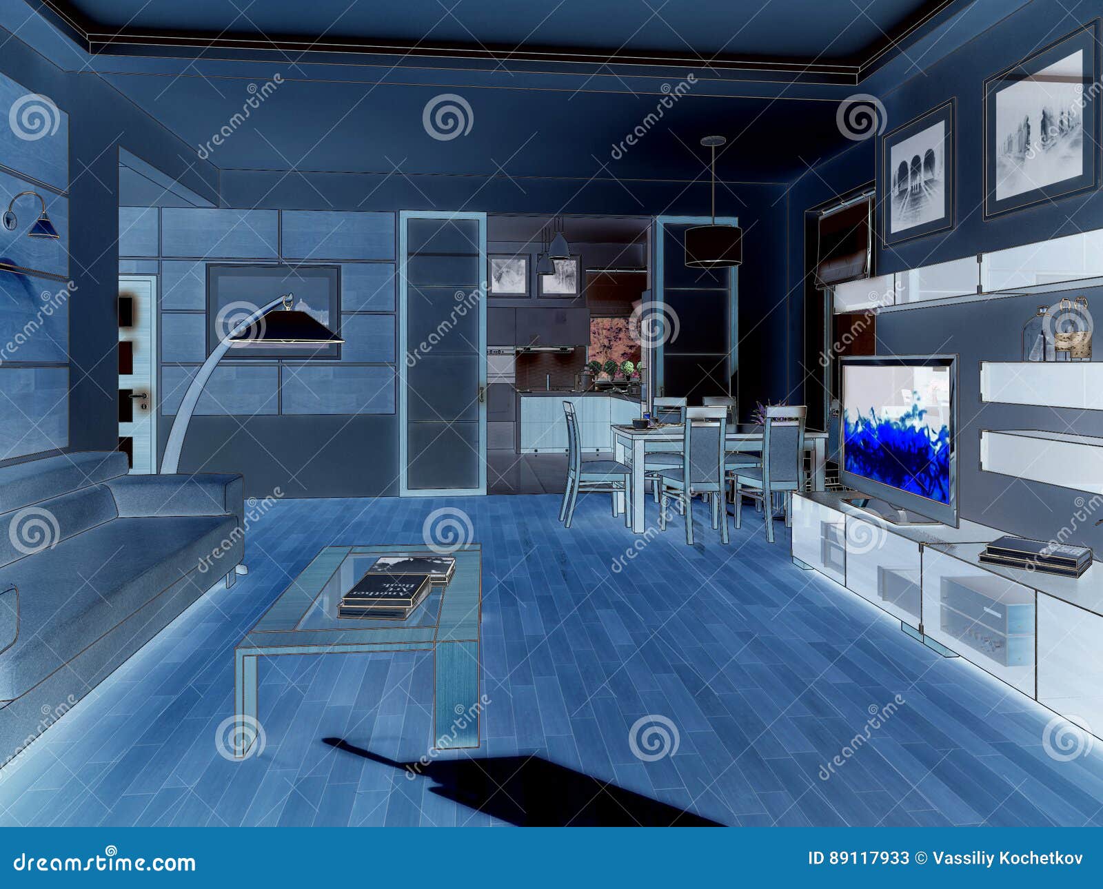 Modern Design Interior of Livingroom. 3D Render Stock Illustration