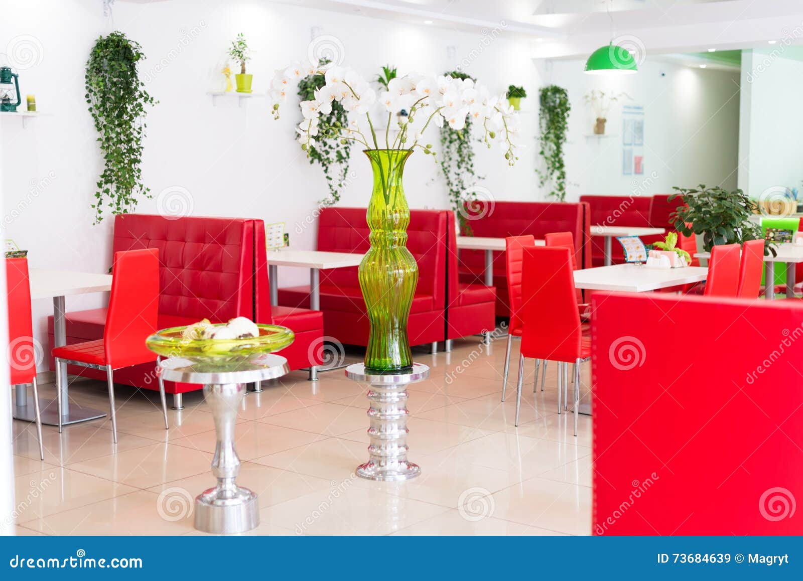 Modern Design Restaurant Interior In White And Red Colors