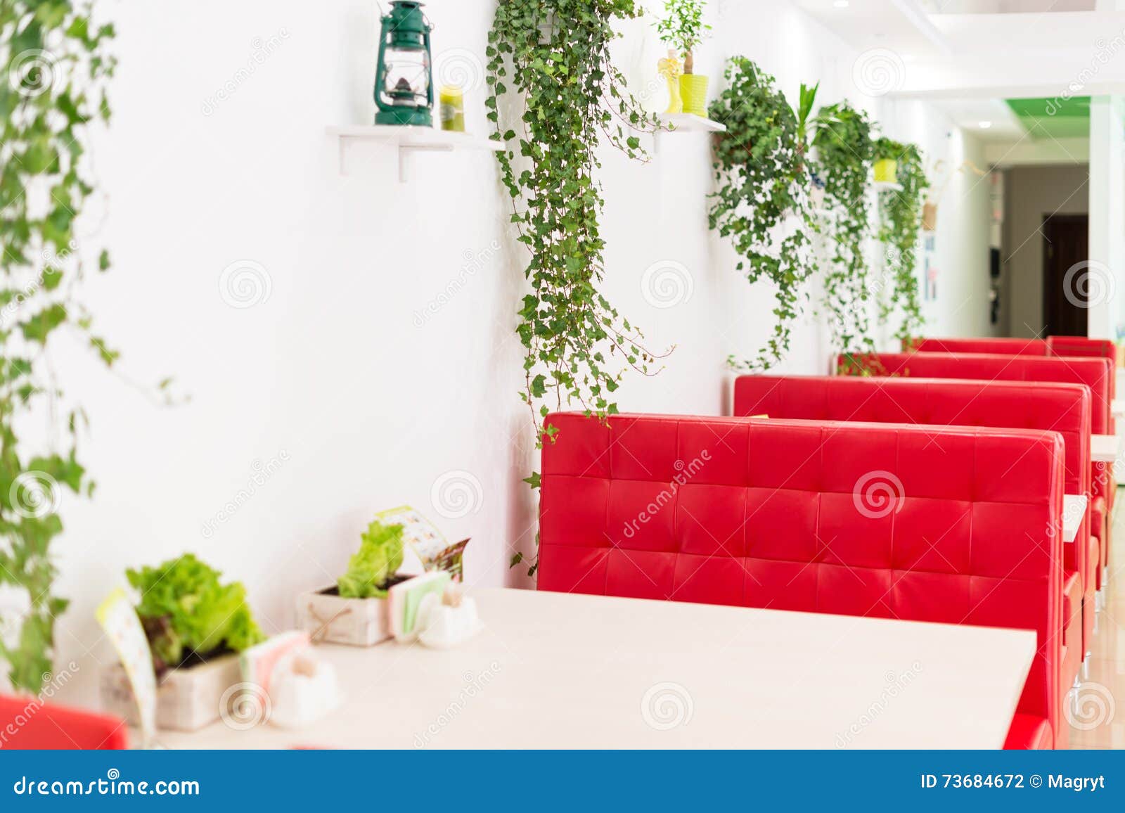 Modern Design Restaurant Interior In White And Red Colors