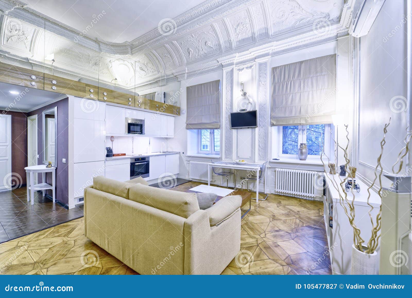 Modern Design White Kitchen In A Spacious Apartment Stock Image